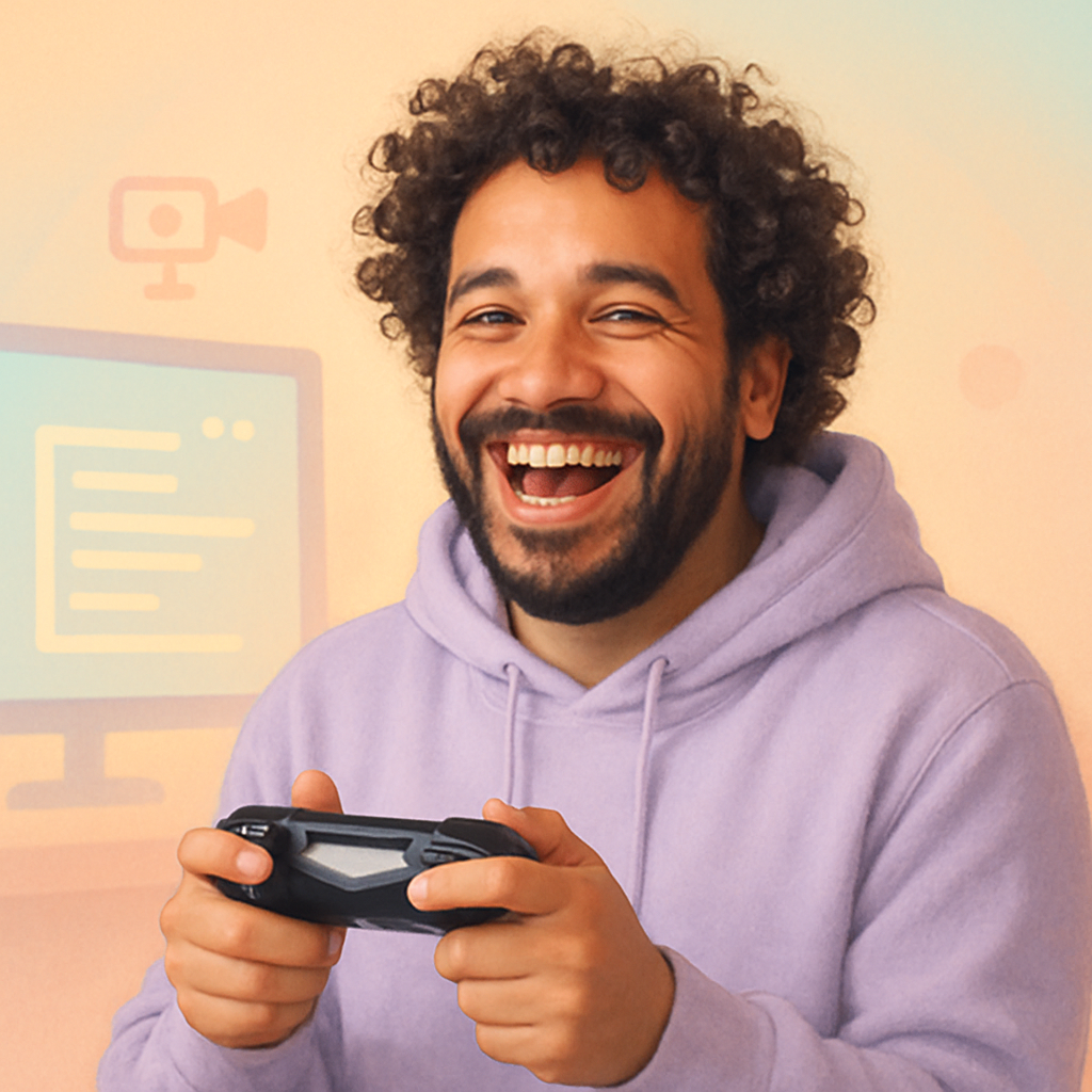 Cheerful parent streamer with curly hair, holding a controller and laughing