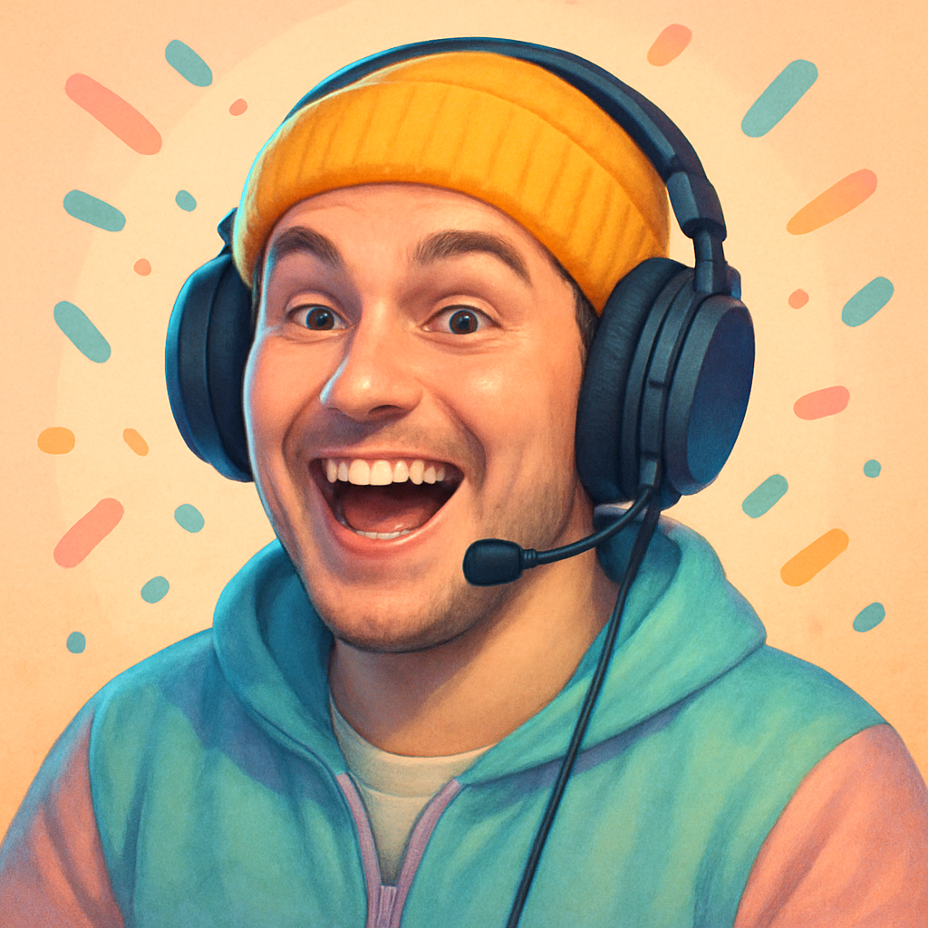 Excited esports fan with a bright beanie, wide grin, and neon confetti background