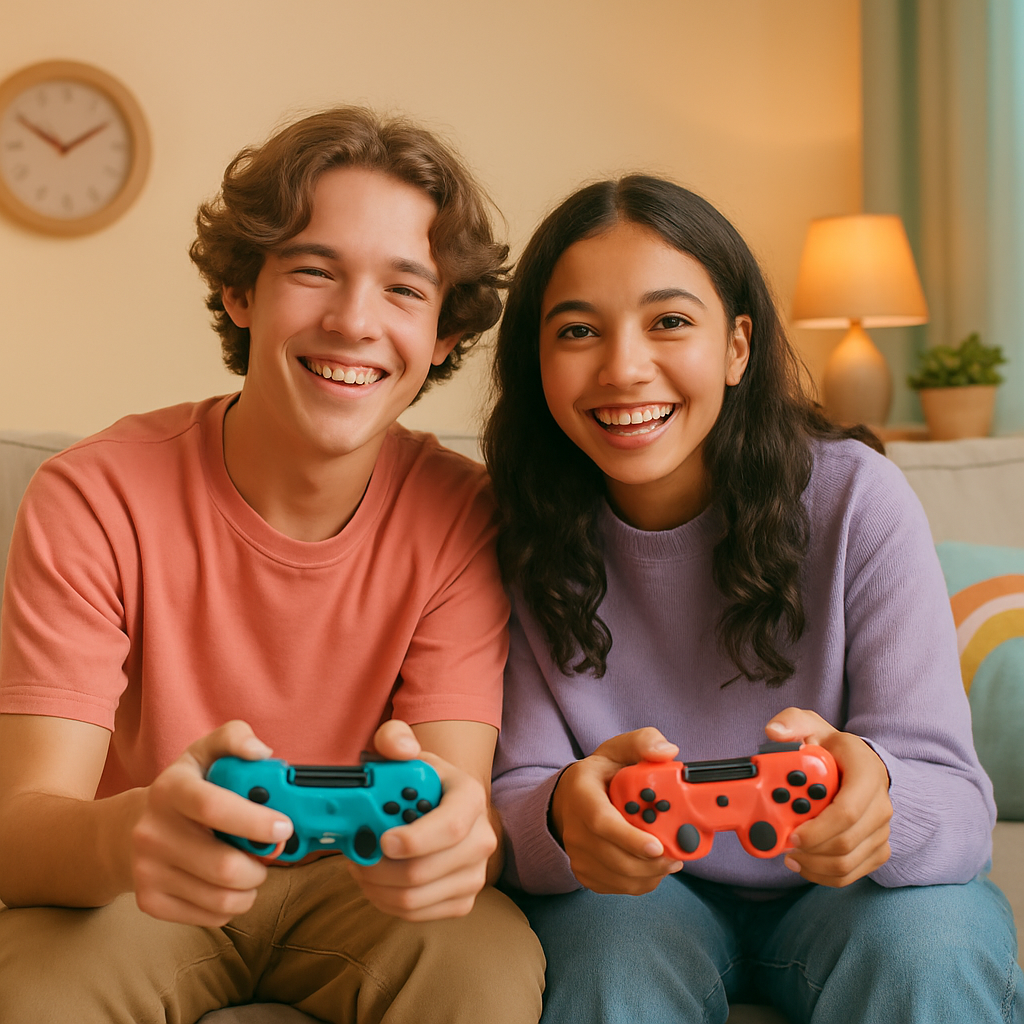 Two friends smiling while holding colorful game controllers in a cozy living room