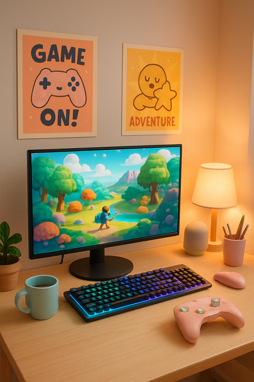 Vibrant gaming setup with a widescreen monitor showing a colorful fantasy game, glowing RGB keyboard and controller, cozy desk accessories, and playful posters in a bright, modern room