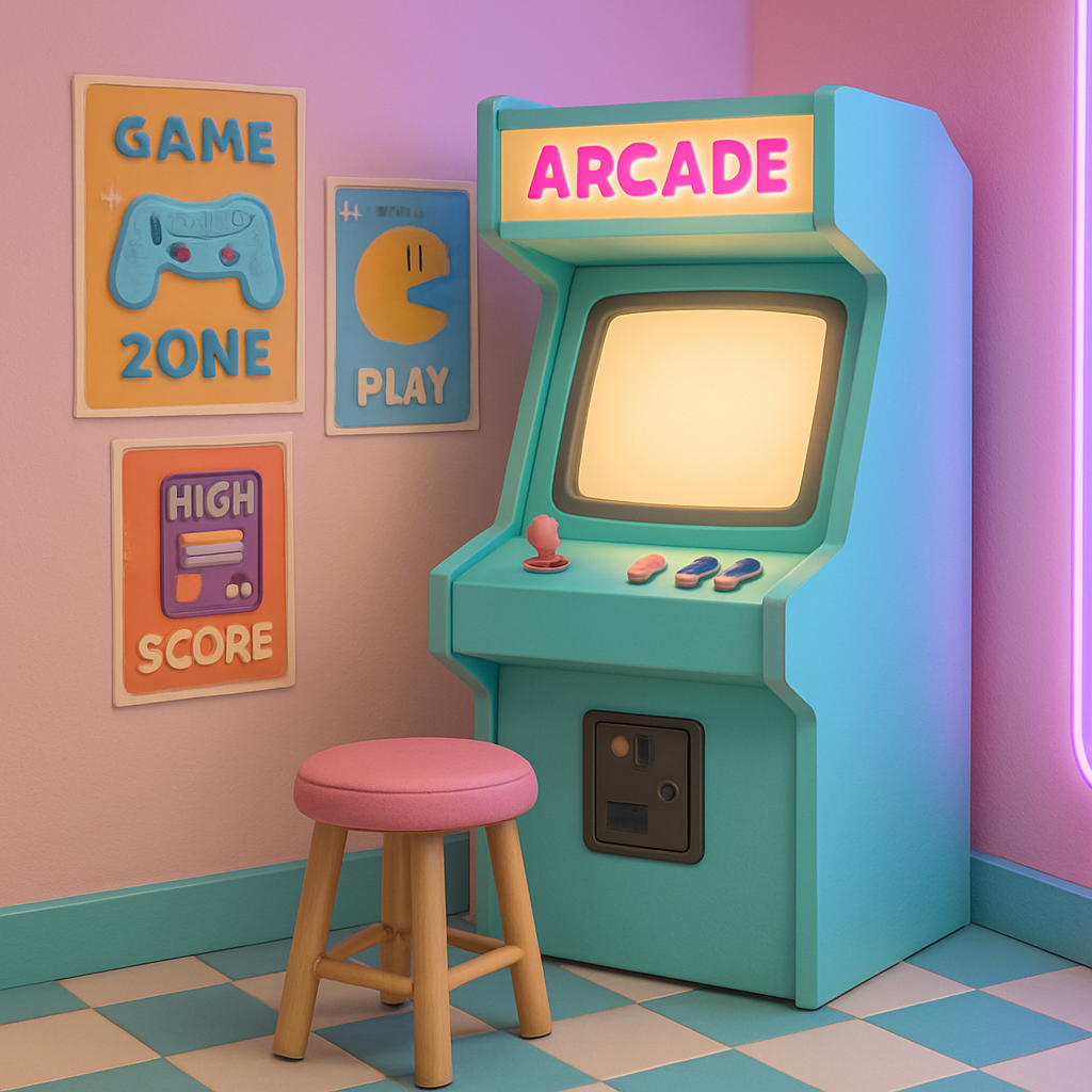 Retro arcade corner with neon lighting, a classic cabinet, and a stool