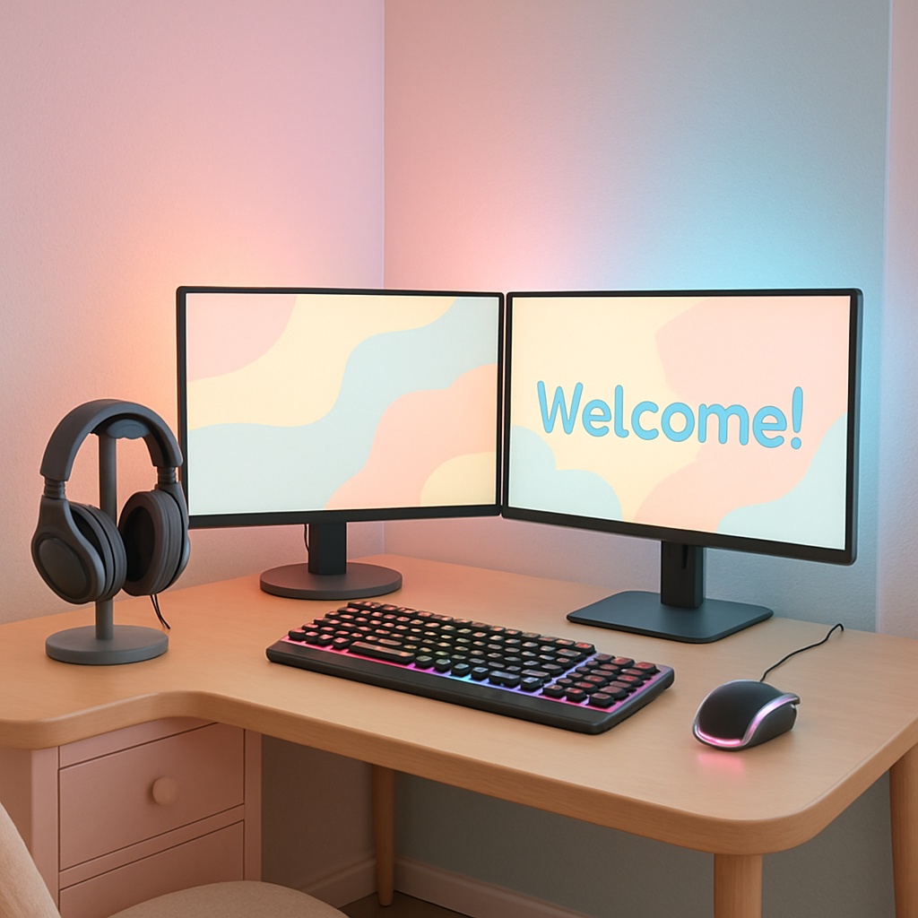 Modern streaming desk with dual monitors, a headset, and RGB lights
