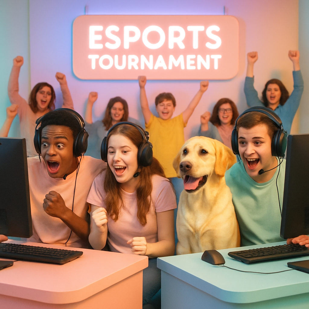 Small esports tournament stage with players on PCs and cheering audience