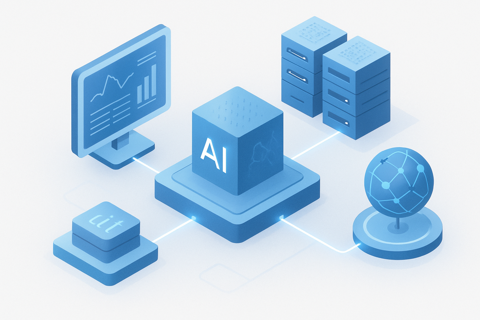 Ilustración isométrica de un centro tecnológico con paneles de datos y nodos de inteligencia artificial en tonos azules