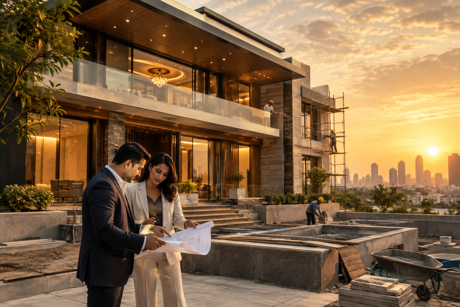 Upscale residential construction and upgrade planning scene with consultants reviewing execution details