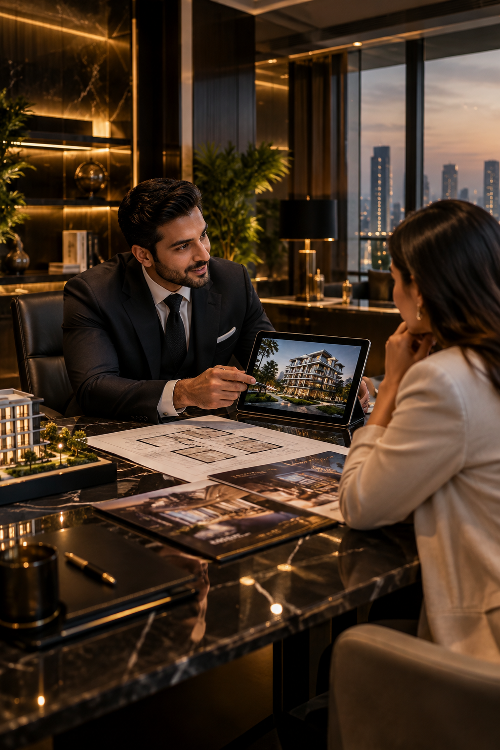 Luxury property planning consultation with a relationship manager and ambitious owner reviewing architectural layouts in a premium Delhi NCR setting
