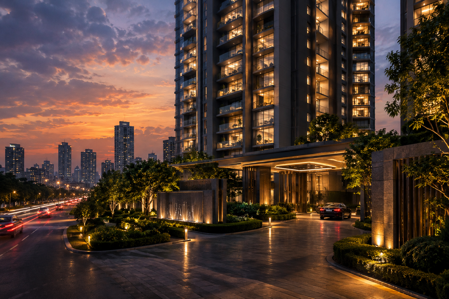 Twilight shot of a premium high-rise residential tower in Delhi NCR with warm window lights and landscaped entry drive
