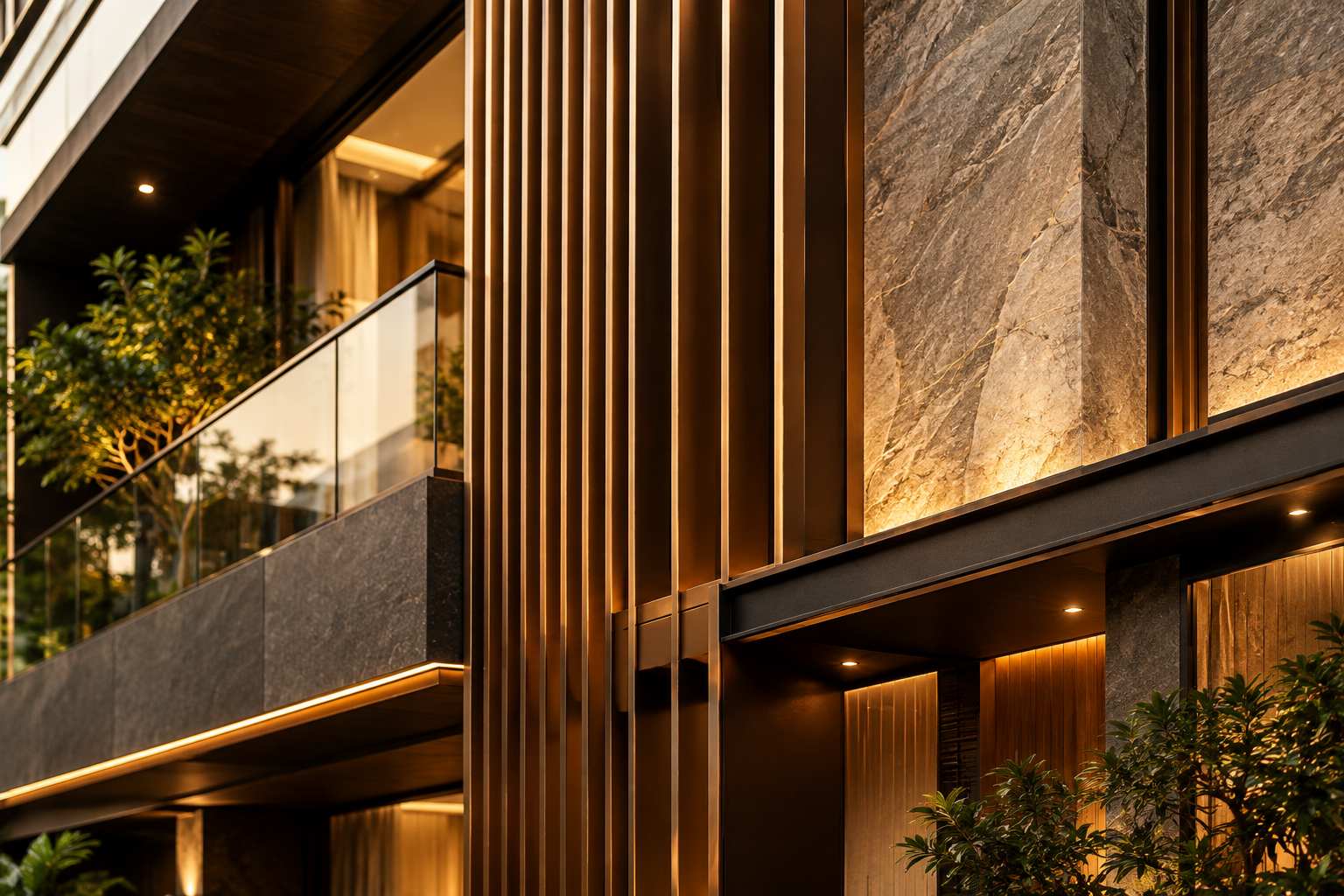 Close architectural detail of a premium building facade with bronze fins, textured stone, and evening accent lighting