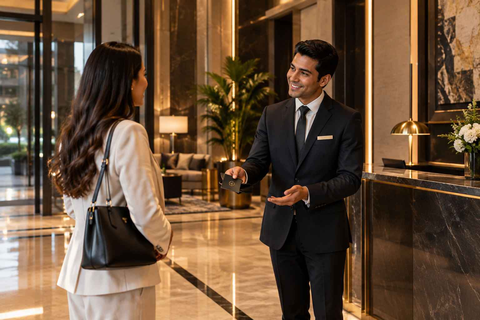 Concierge-style host welcoming a resident in a modern apartment lobby with warm lighting and polished stone finishes