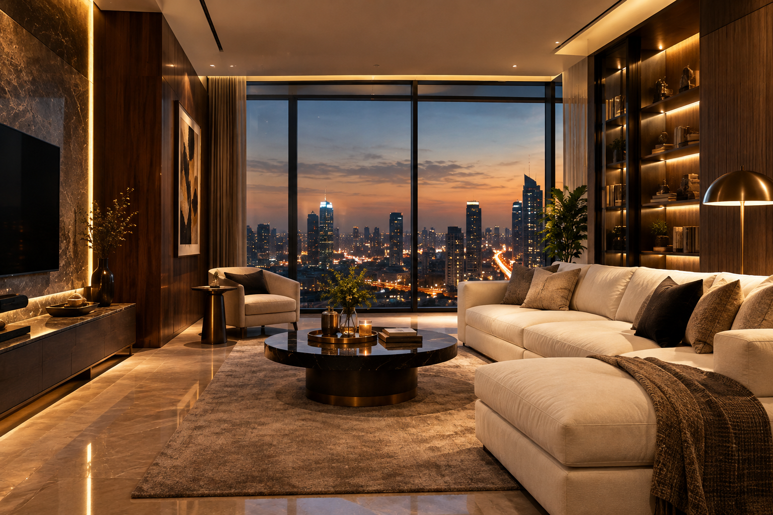 Luxury apartment living room with floor-to-ceiling windows, walnut finishes, and soft ambient evening lighting