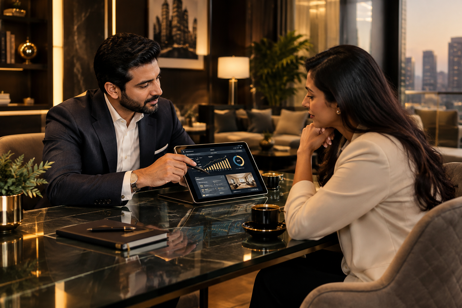 Well-dressed property owner meeting with a consultant at a glass table reviewing occupancy and revenue plans