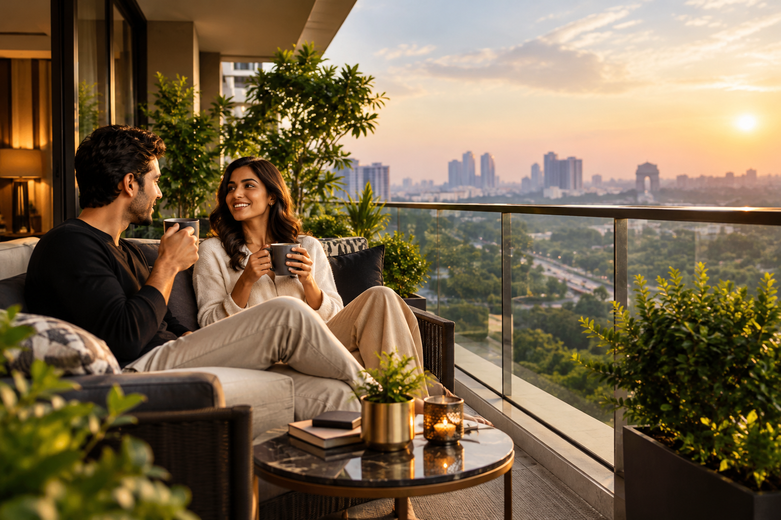 Young professional couple enjoying morning coffee on a furnished balcony overlooking the Delhi skyline