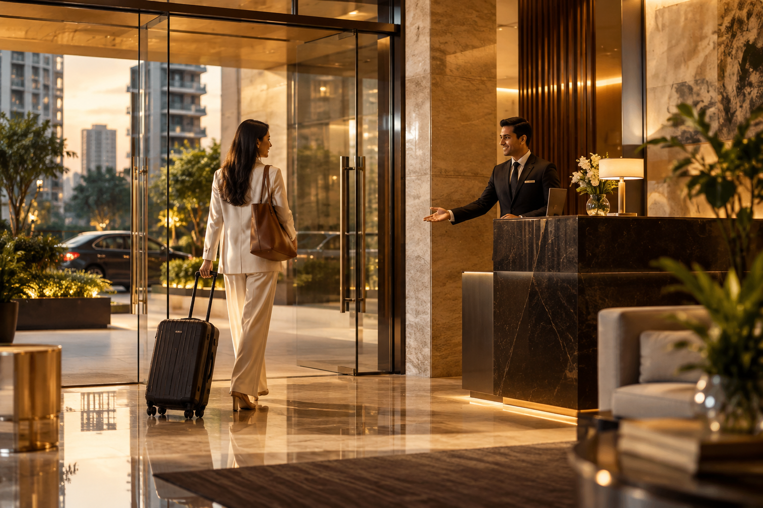 Well-dressed resident welcomed by a concierge at the entrance of a managed premium residential building