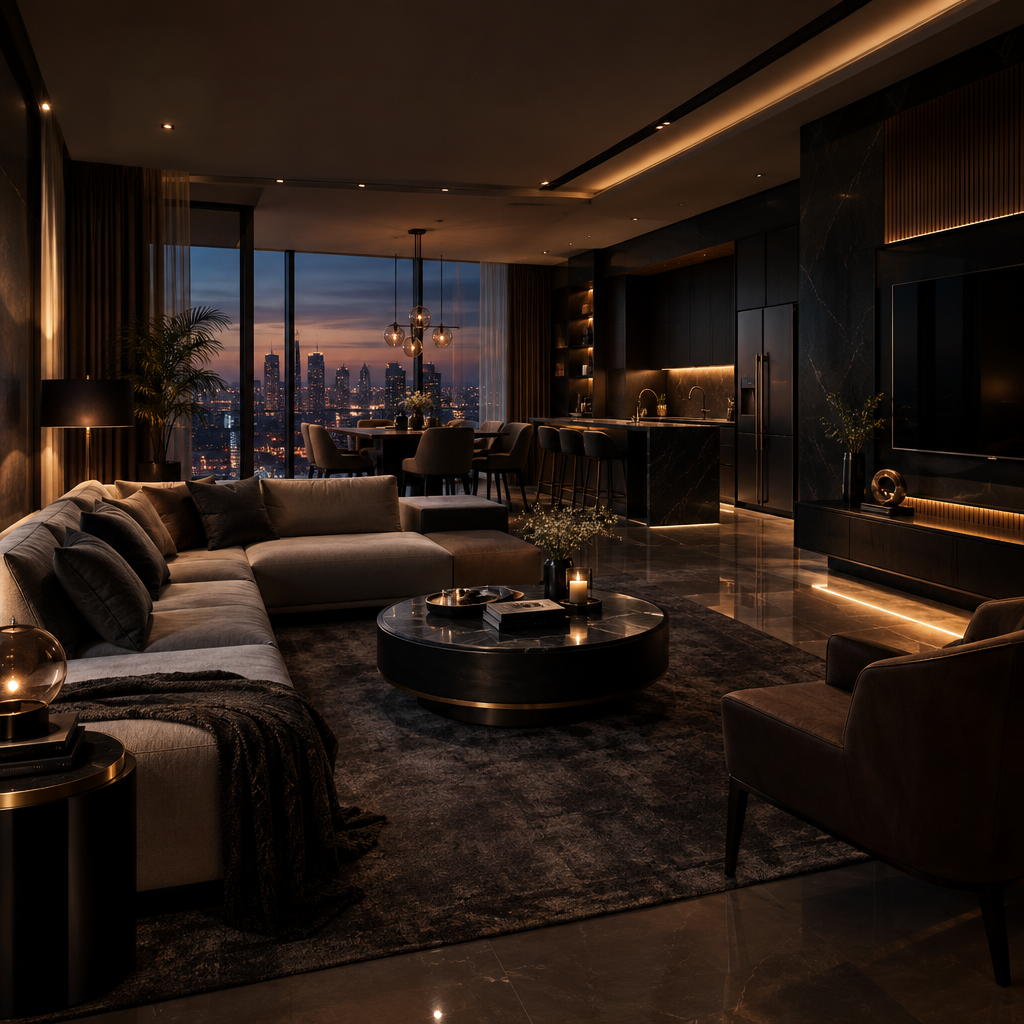 Upscale managed-home living room with designer lighting, warm textures, and floor-to-ceiling city-view windows