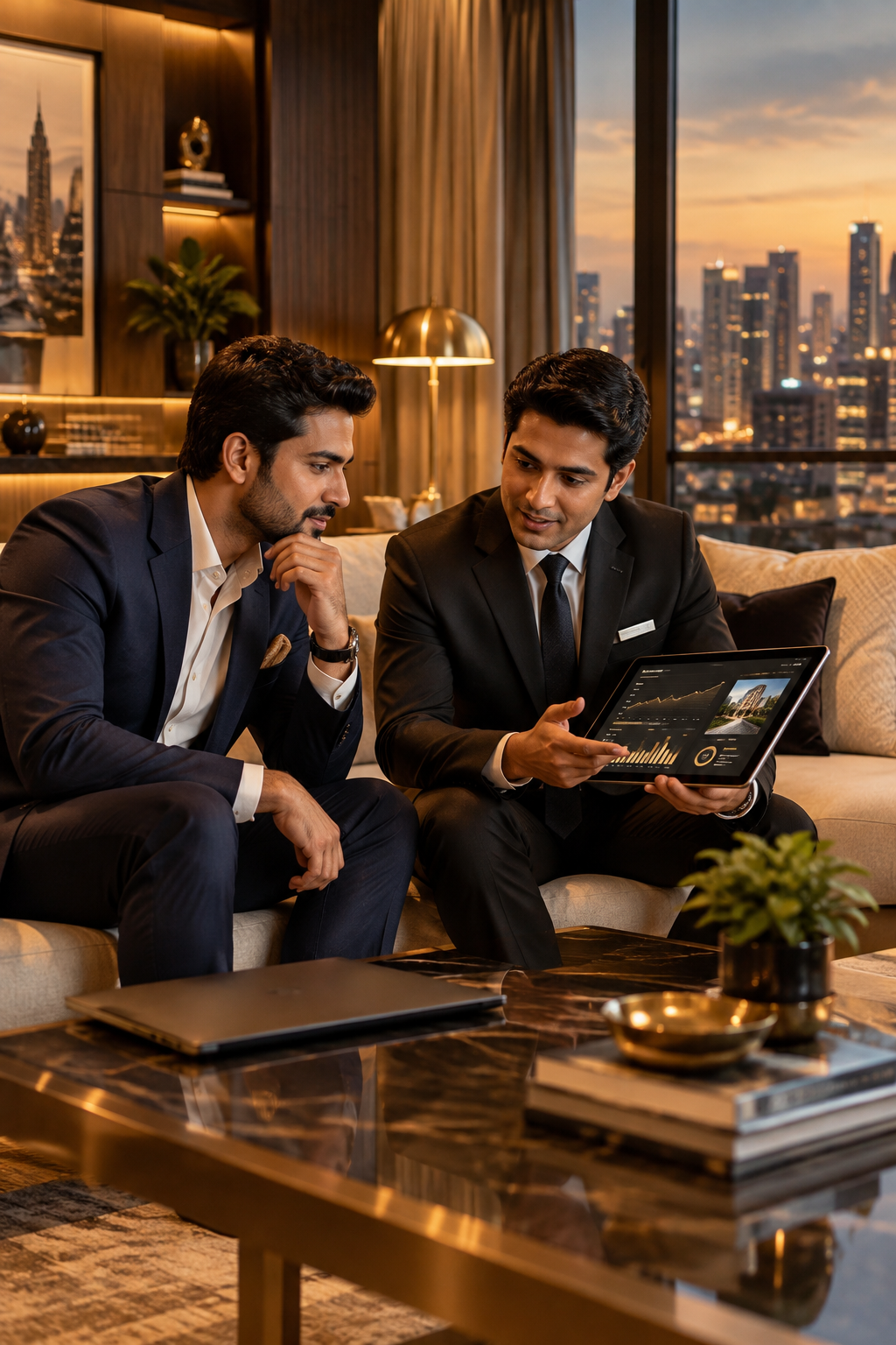 Confident property owner in a premium apartment discussing performance metrics with a professional relationship manager