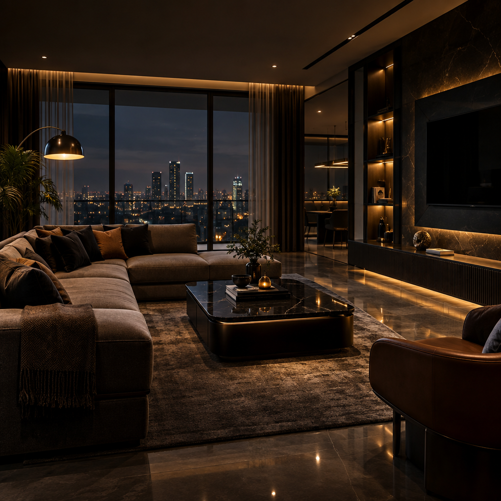 Luxury high-rise skyline in Noida at dusk with illuminated balconies and premium urban surroundings