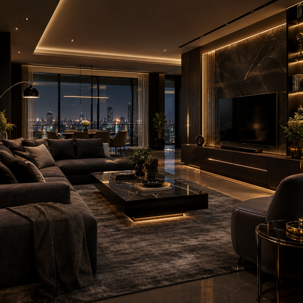 Cinematic evening view of a premium modern residential tower with warm interior lights, landscaped entrance, and upscale city skyline ambience