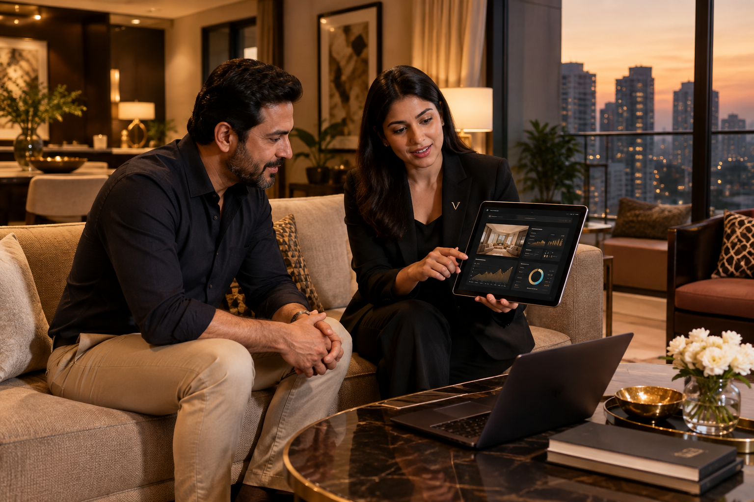 Property owner reviewing digital performance reports with a VANITYHOMEZ manager in a premium furnished apartment living room in Delhi NCR