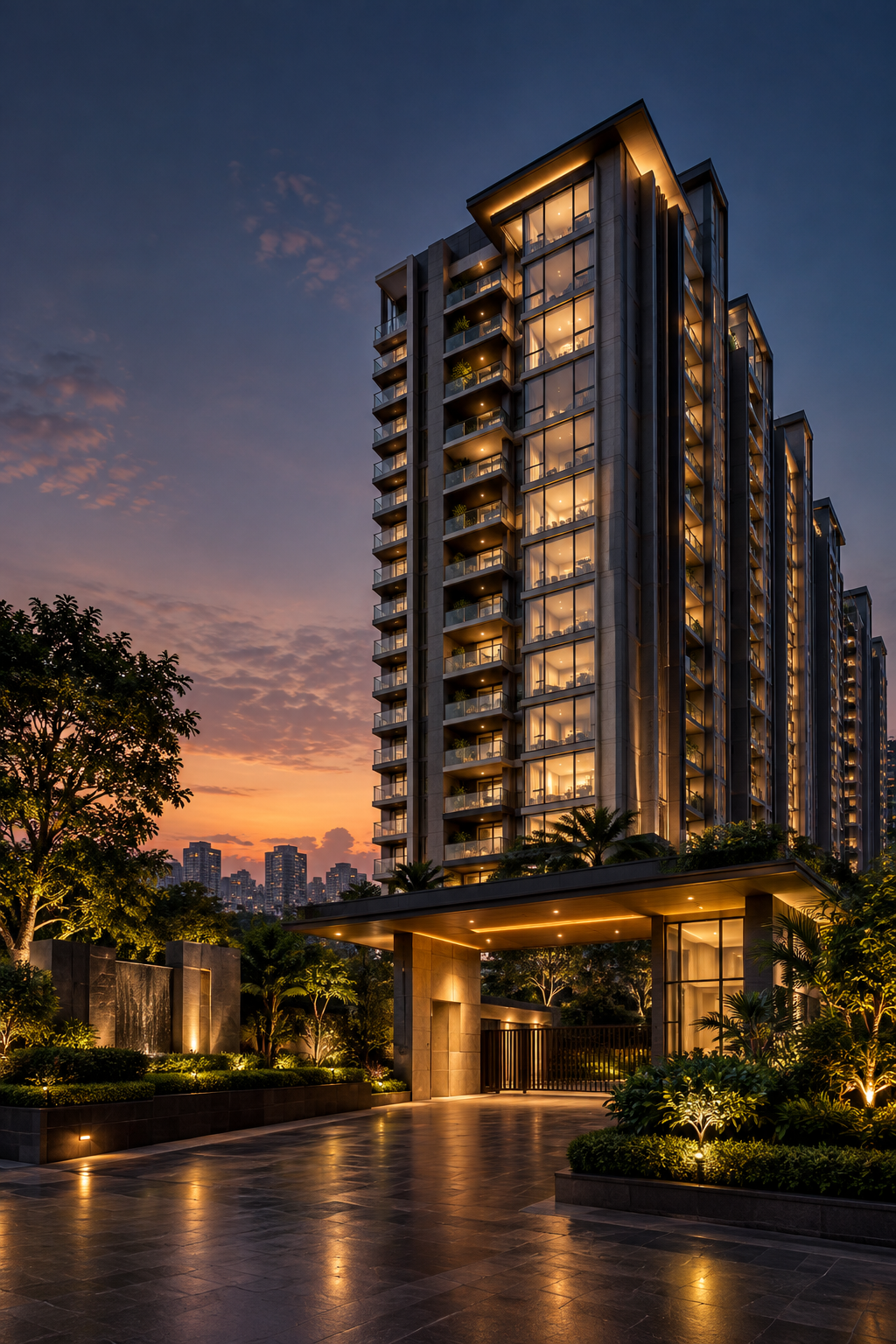 Twilight view of a luxury high-rise residential property in Delhi NCR with warm interior lighting and premium landscaped entrance