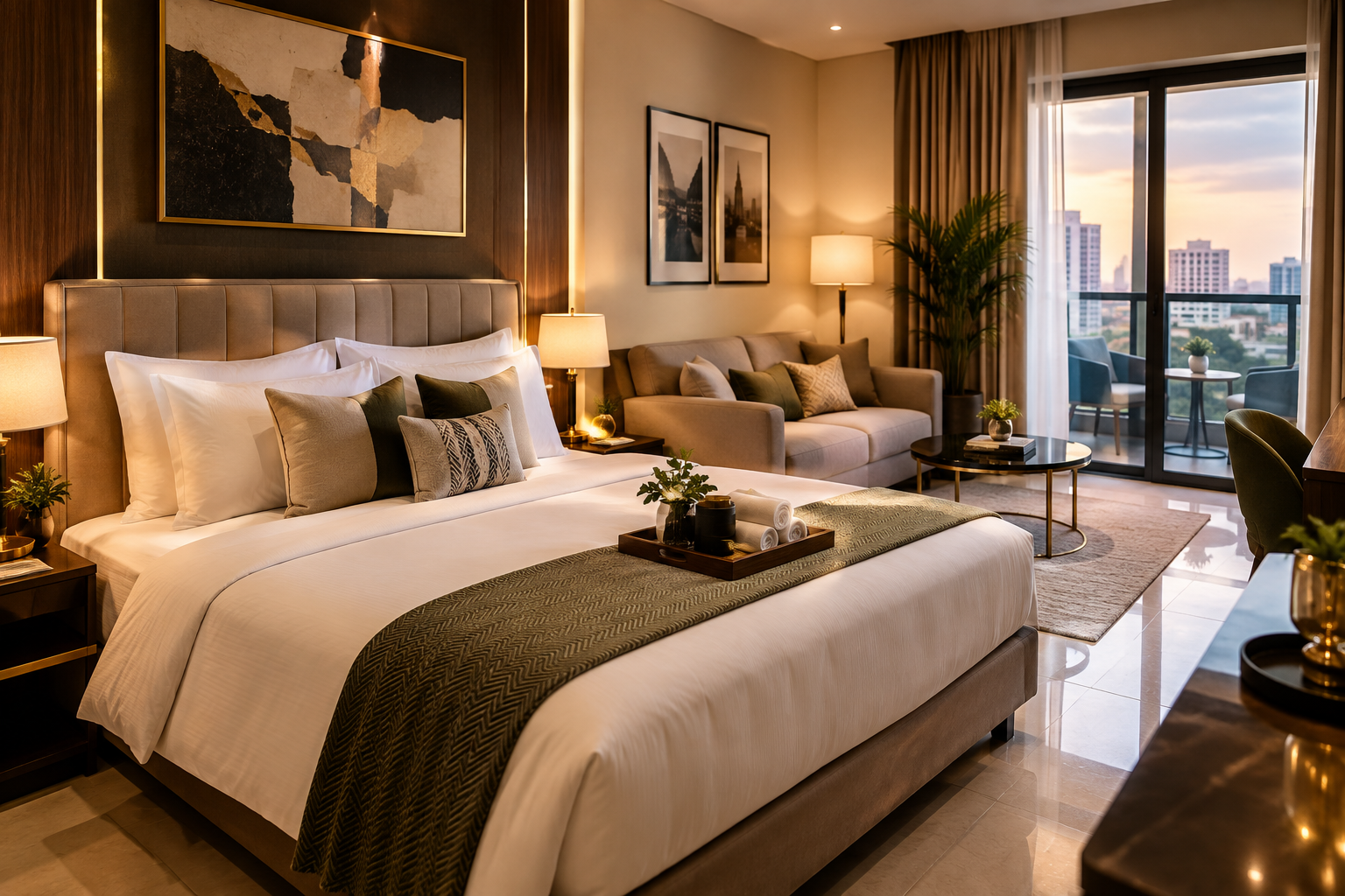 Elegant short-stay apartment interior with neatly staged bedroom, fresh linens, ambient bedside lighting, and hospitality-ready details