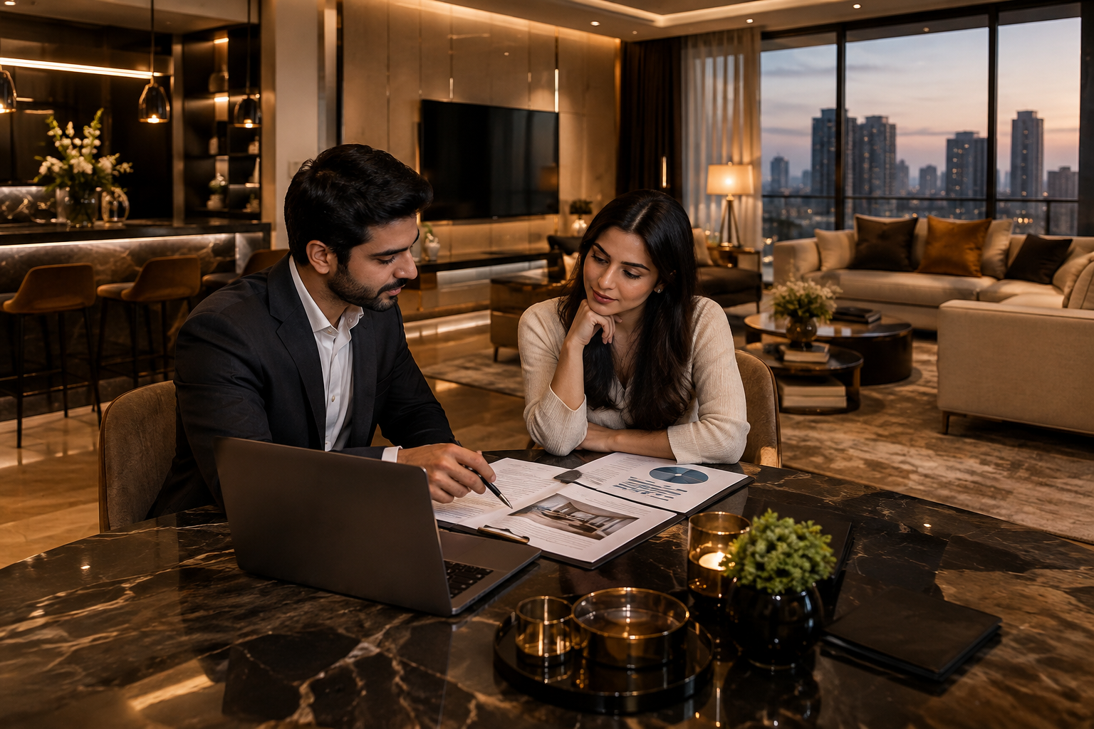 Premium managed residential property in Delhi NCR with a property advisor reviewing performance metrics with an owner