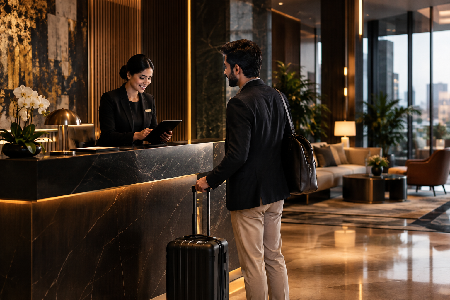 Hospitality-style check-in interaction at a modern apartment lobby with host tablet and arriving guest