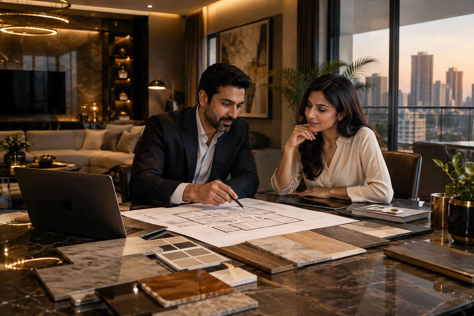 Property owner and project consultant reviewing renovation plans inside an upscale residential unit