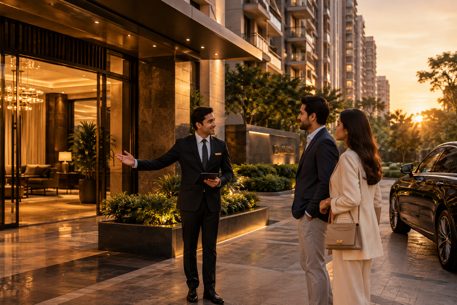 Luxury apartment tower entrance in Delhi NCR with a property manager greeting an owner during a walkthrough