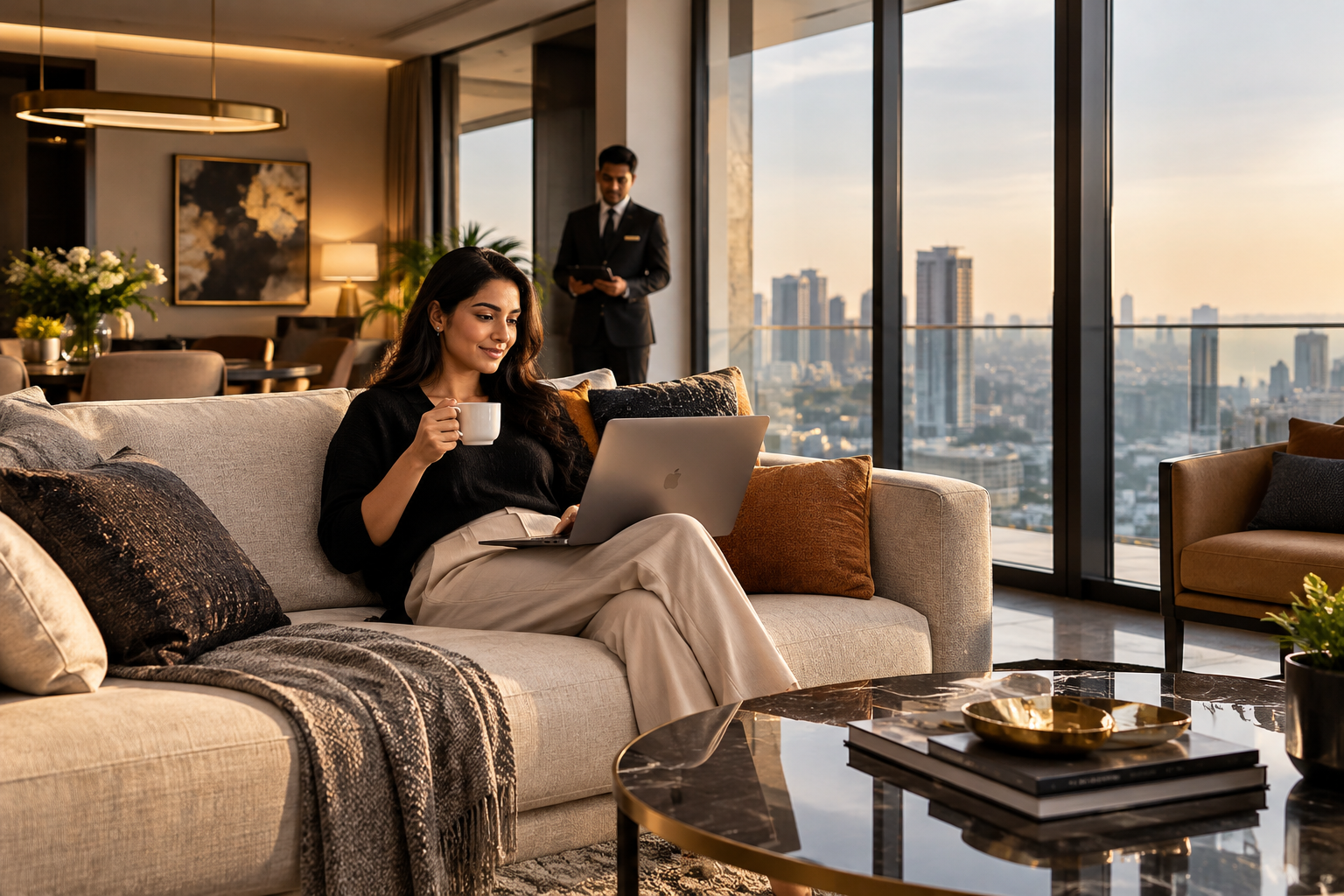Young professional tenant relaxing in a bright premium managed living room with concierge support
