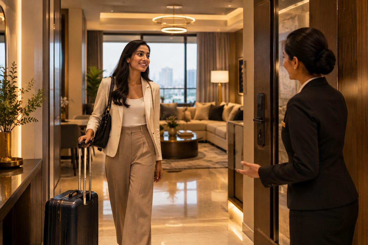 Young professional tenant arriving at a modern managed home with luggage, greeted at the doorway with warm hospitality lighting