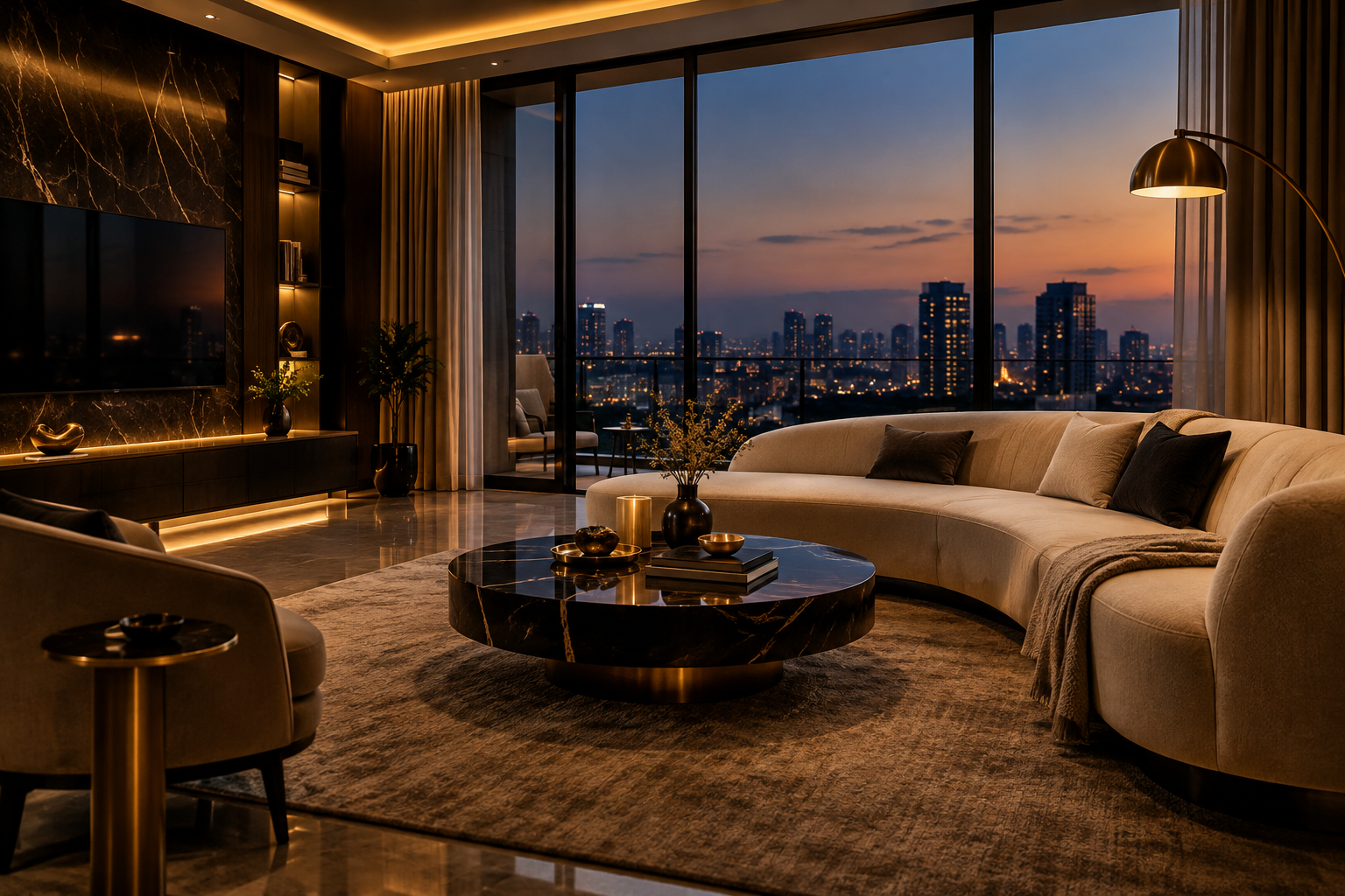 Premium modern apartment living room with warm ambient lighting, refined furniture, and large city-facing windows in Delhi NCR