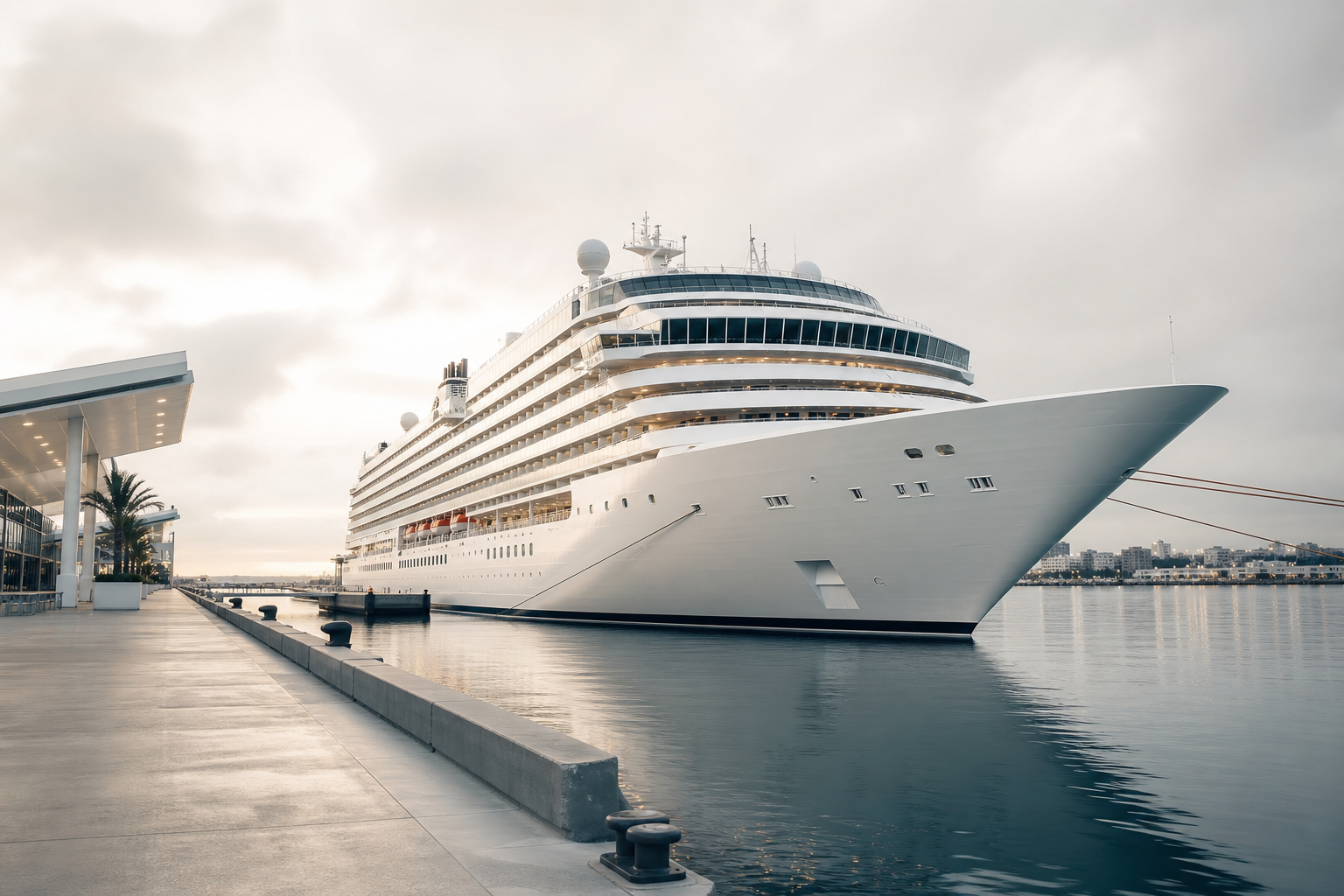 Minimalist cruise vessel docked at a modern port under soft light