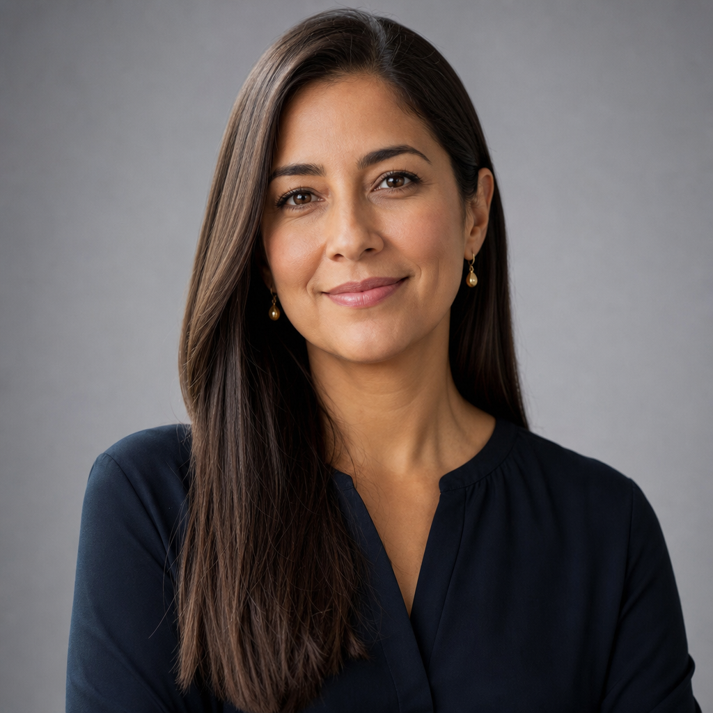 Portrait of a family-oriented traveler with long straight hair and subtle earrings wearing a dark blouse