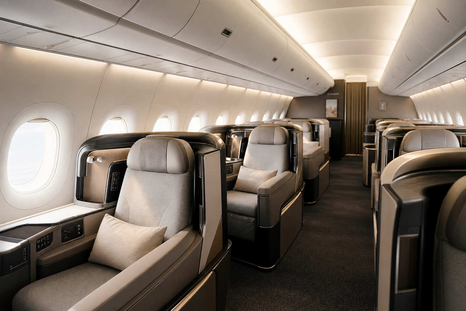 Elegant airplane cabin with soft lighting and premium seating