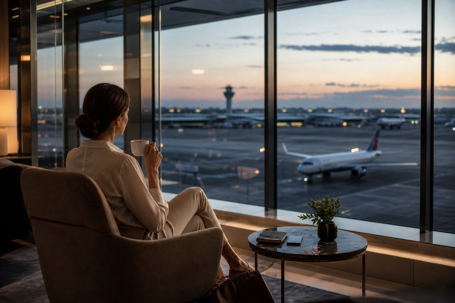 Elegant traveler in a modern airport lounge overlooking a wide international runway at dusk, with soft ambient lighting and understated luxury styling