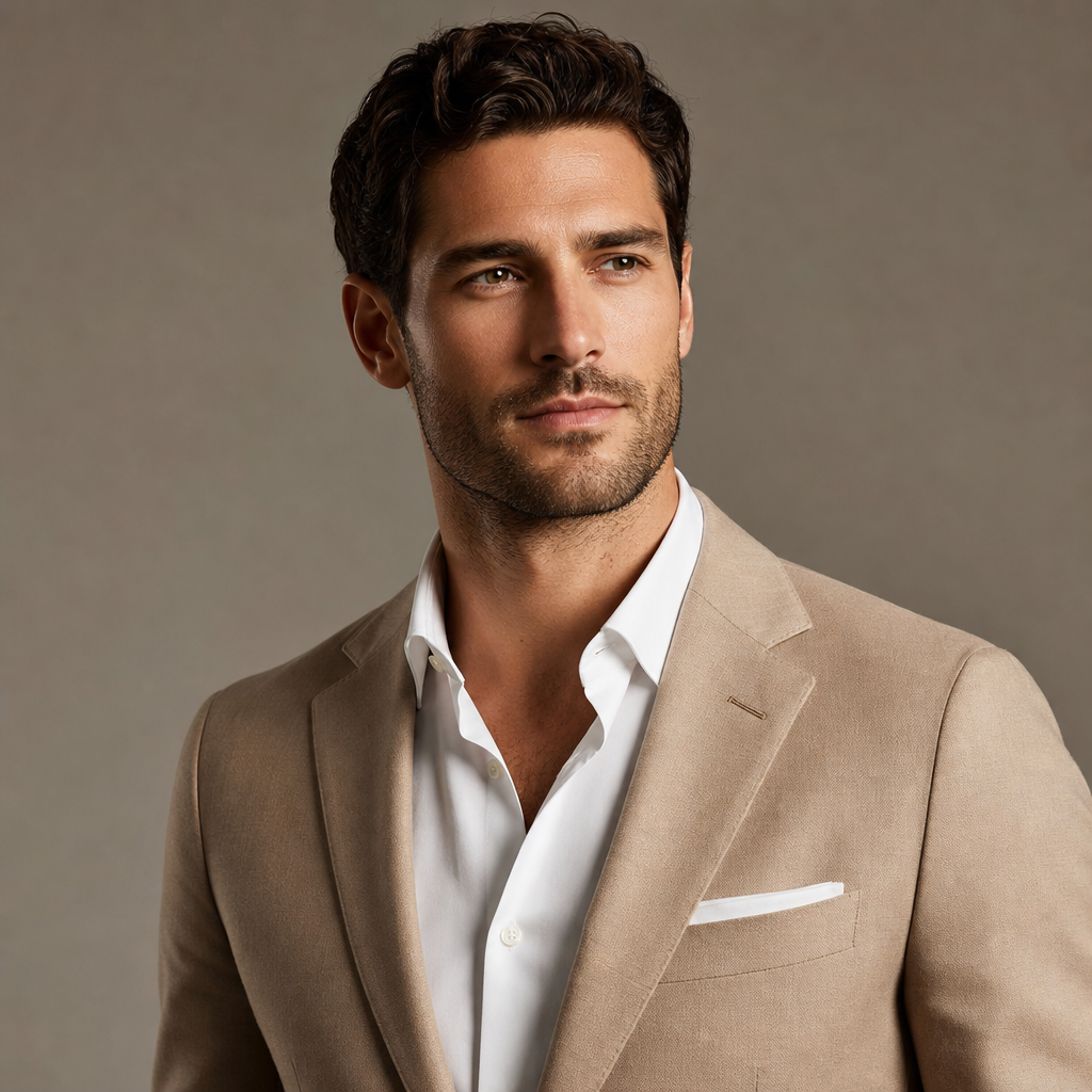 Portrait of a stylish luxury traveler with short dark hair wearing a tailored neutral blazer