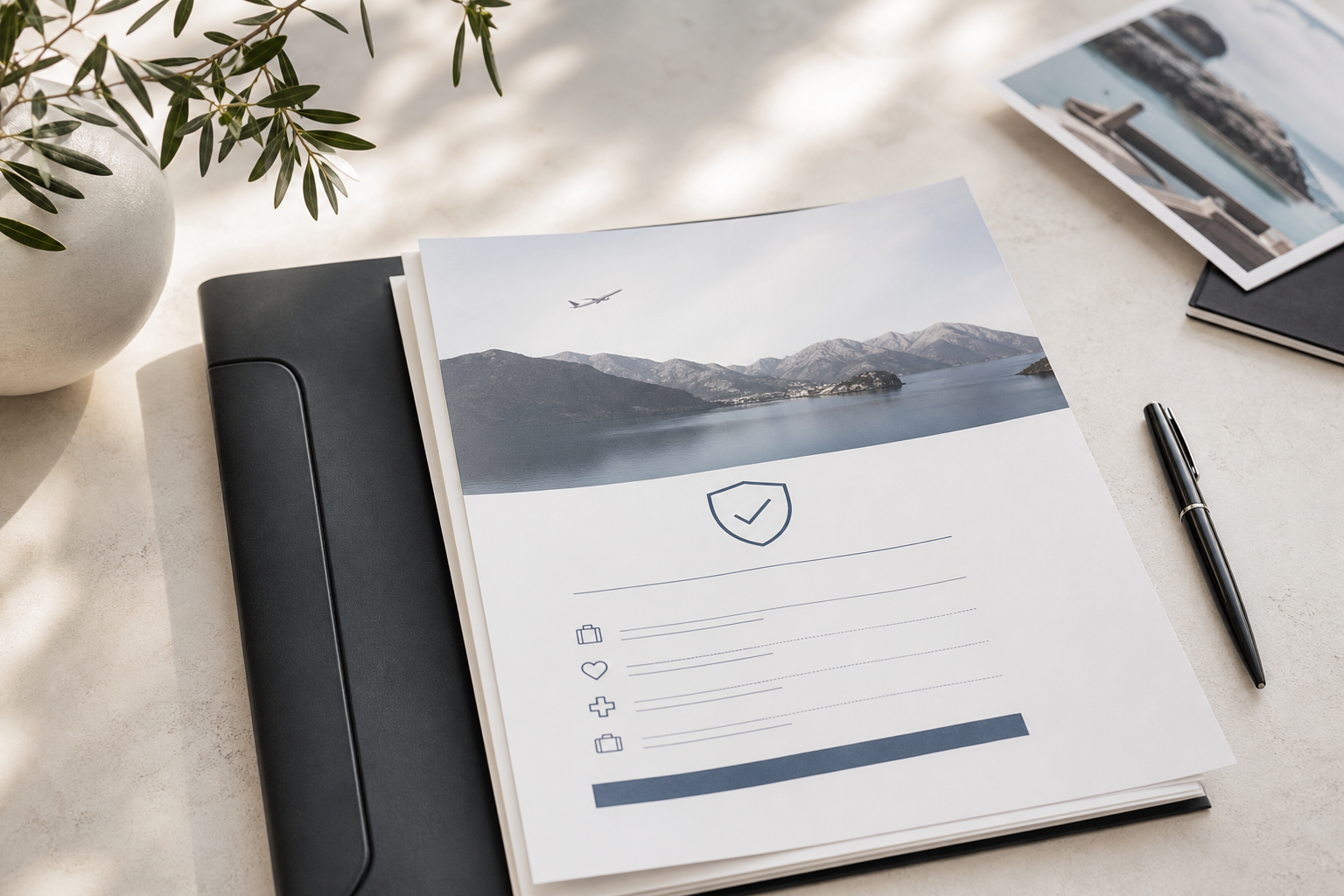 Premium travel insurance documents with a pen on a clean desk
