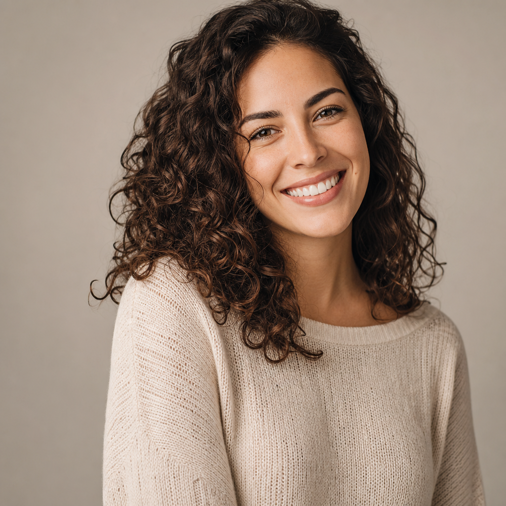 Portrait of a value-conscious traveler with curly hair and a warm smile wearing a light knit top