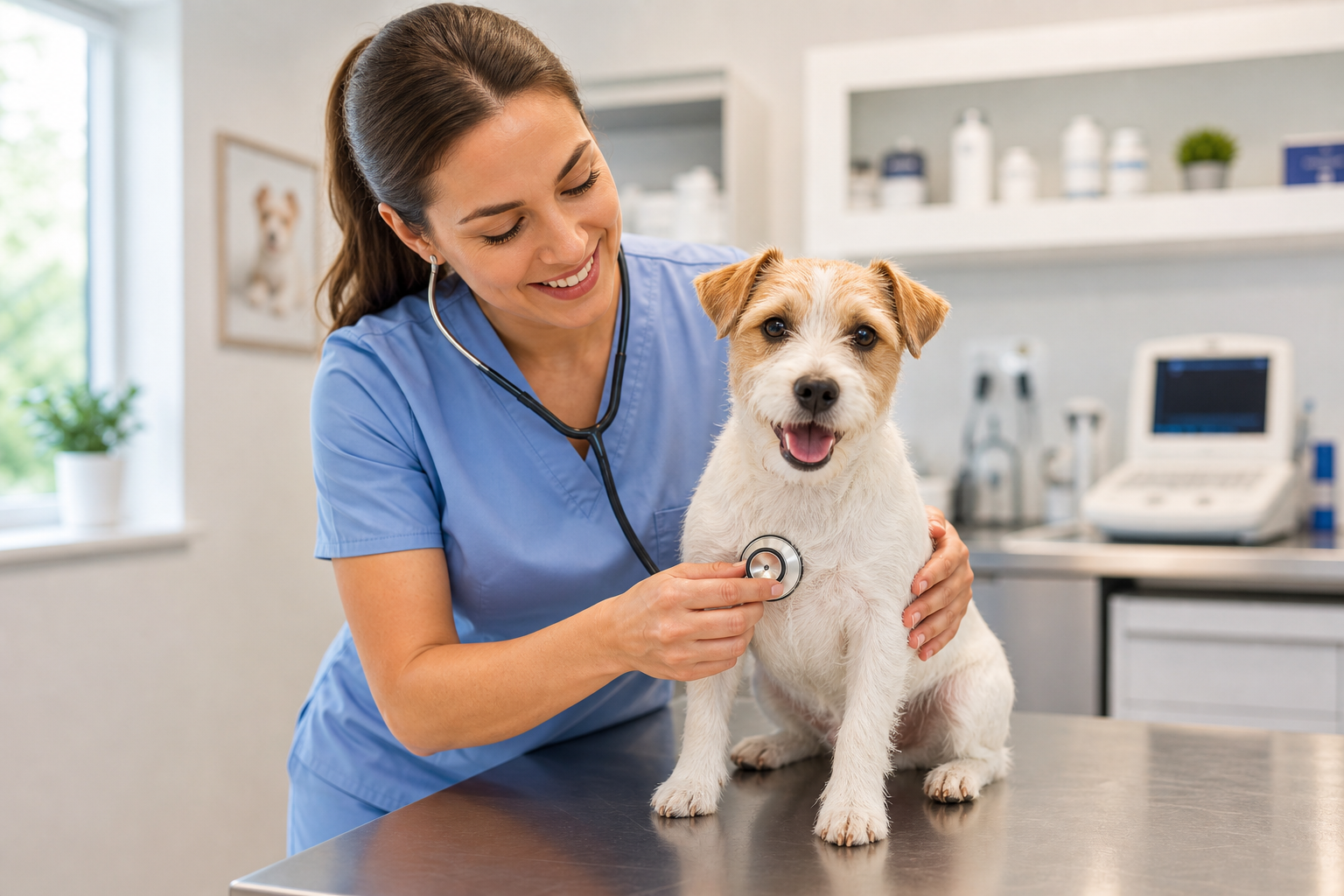 Smiling veterinarian gently examining a small white-and-tan terrier on a stainless exam table, clinic background with soft daylight