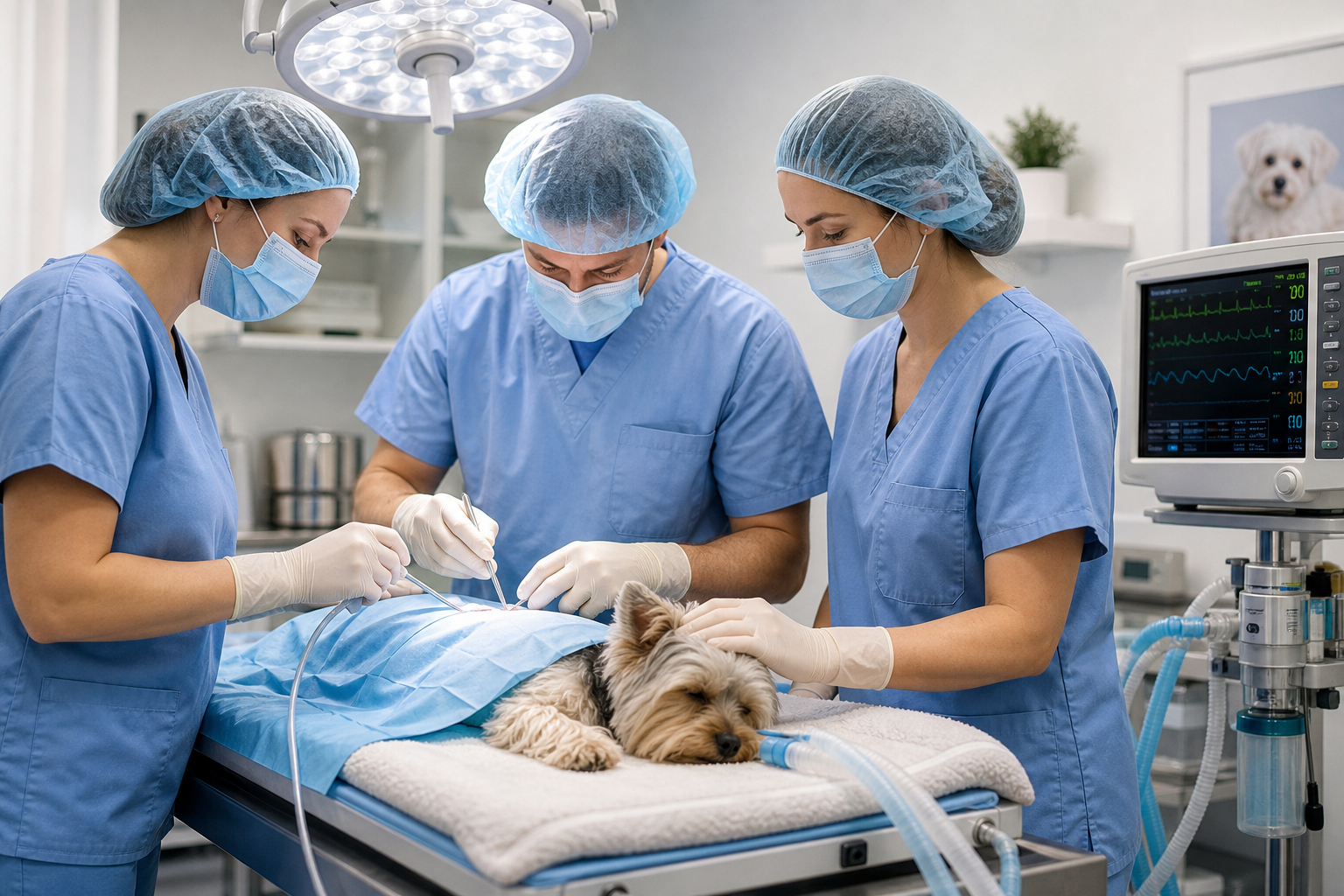 Veterinary surgical team monitoring a small dog patient on an operating table