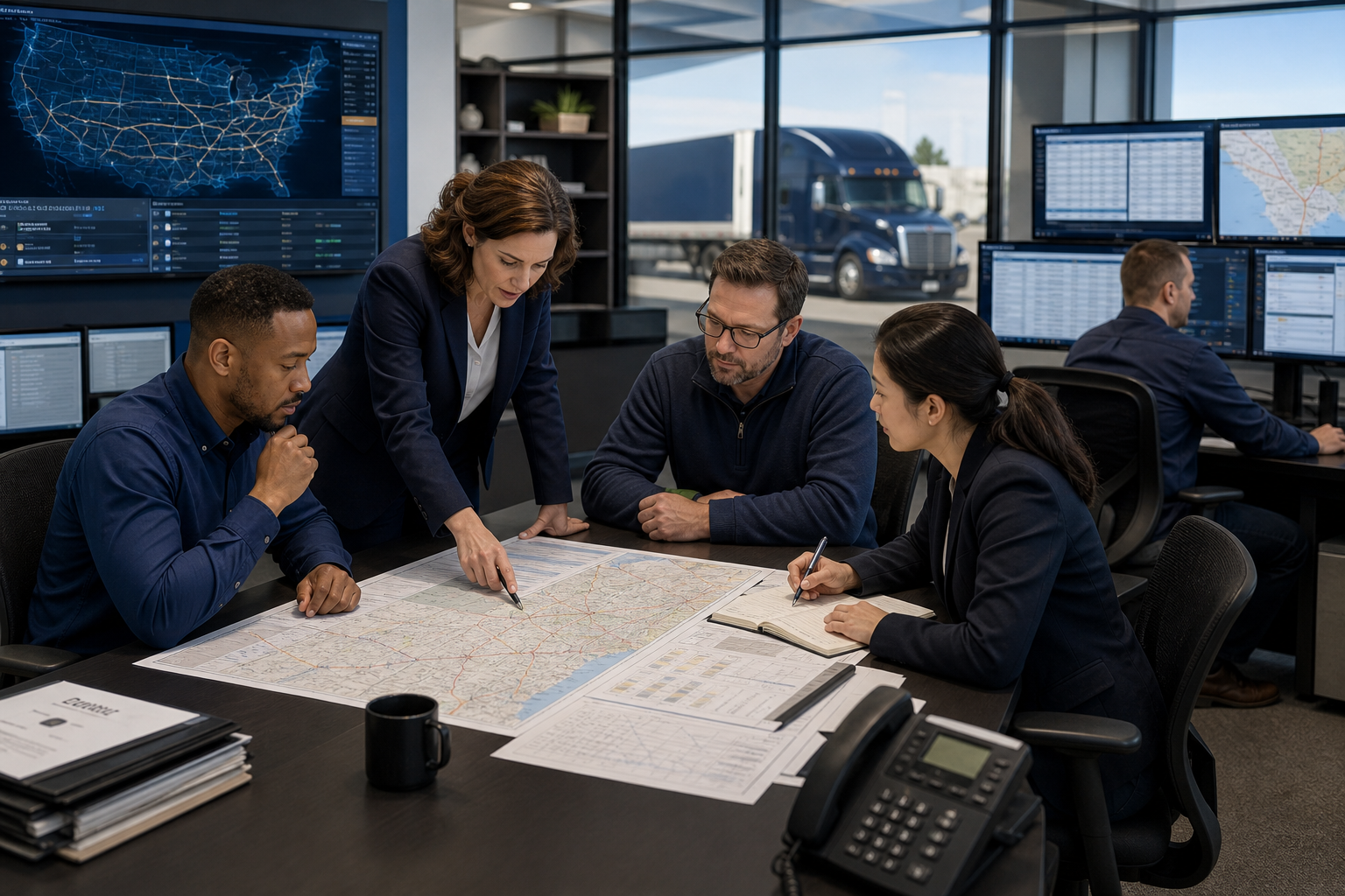 Professional freight operations team reviewing transportation schedules and delivery routes in a modern logistics office