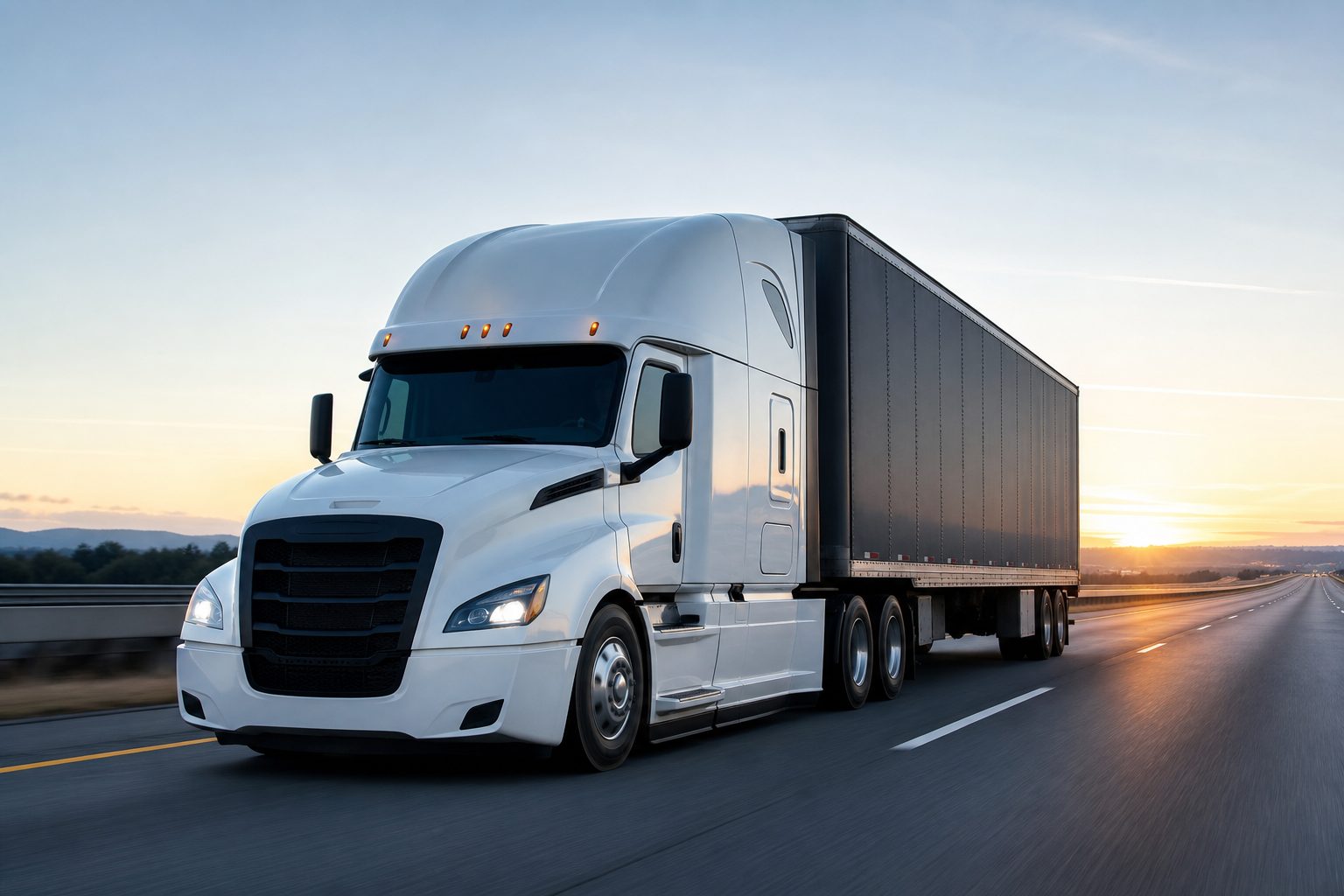Professional long-distance freight truck driving on a highway at sunrise with clear lanes and commercial transport context