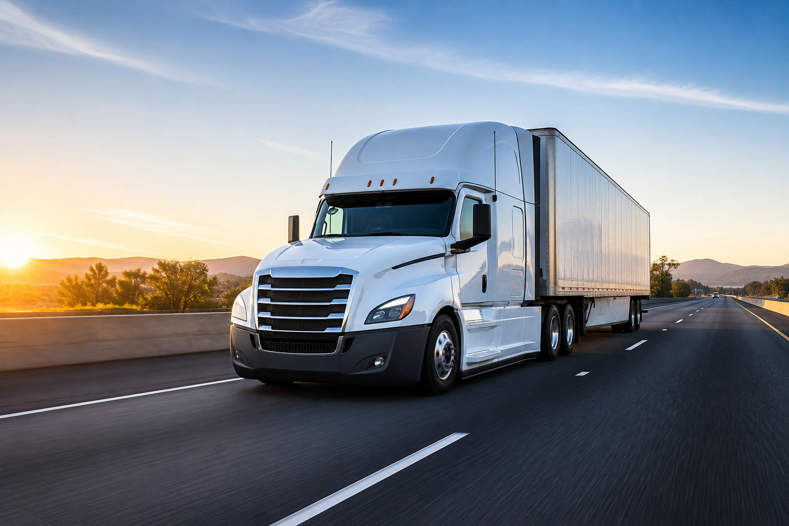 Professional long-haul semi truck hauling commercial freight on an open interstate highway at early morning light