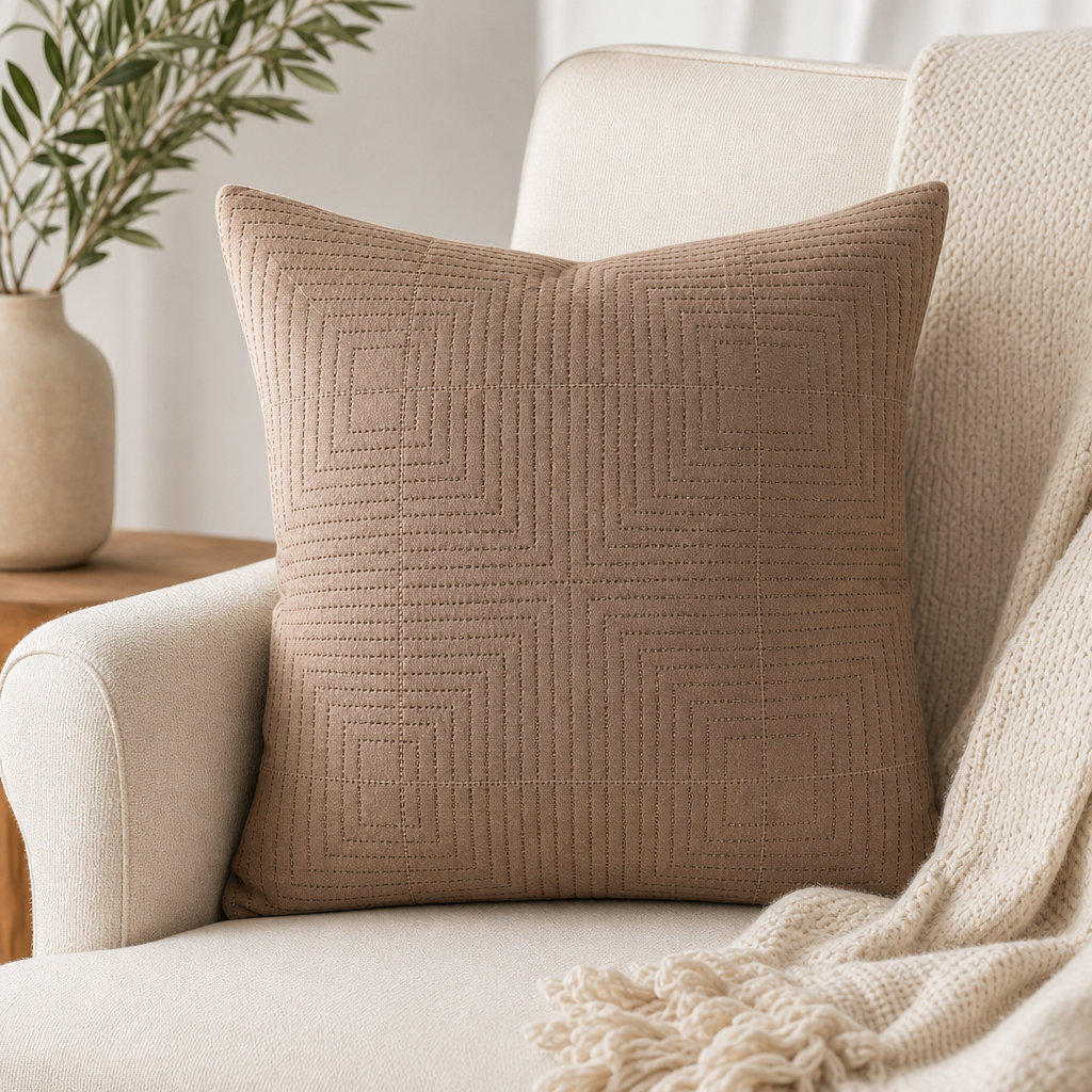 Warm taupe accent pillow with subtle geometric stitching