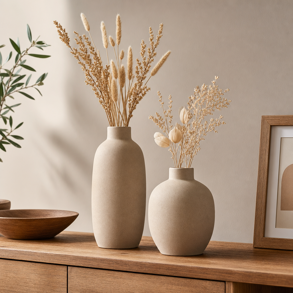Set of two matte sand-colored ceramic vases with dried stems