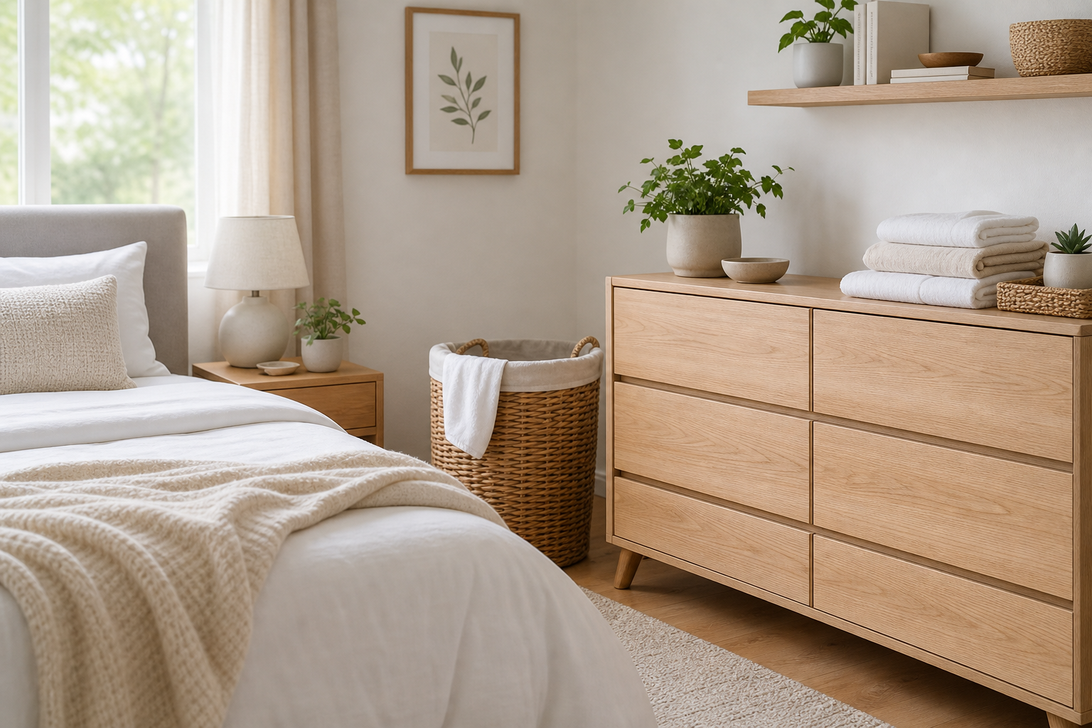 Minimal bedroom with a neatly made bed, open woven hamper, and organized dresser