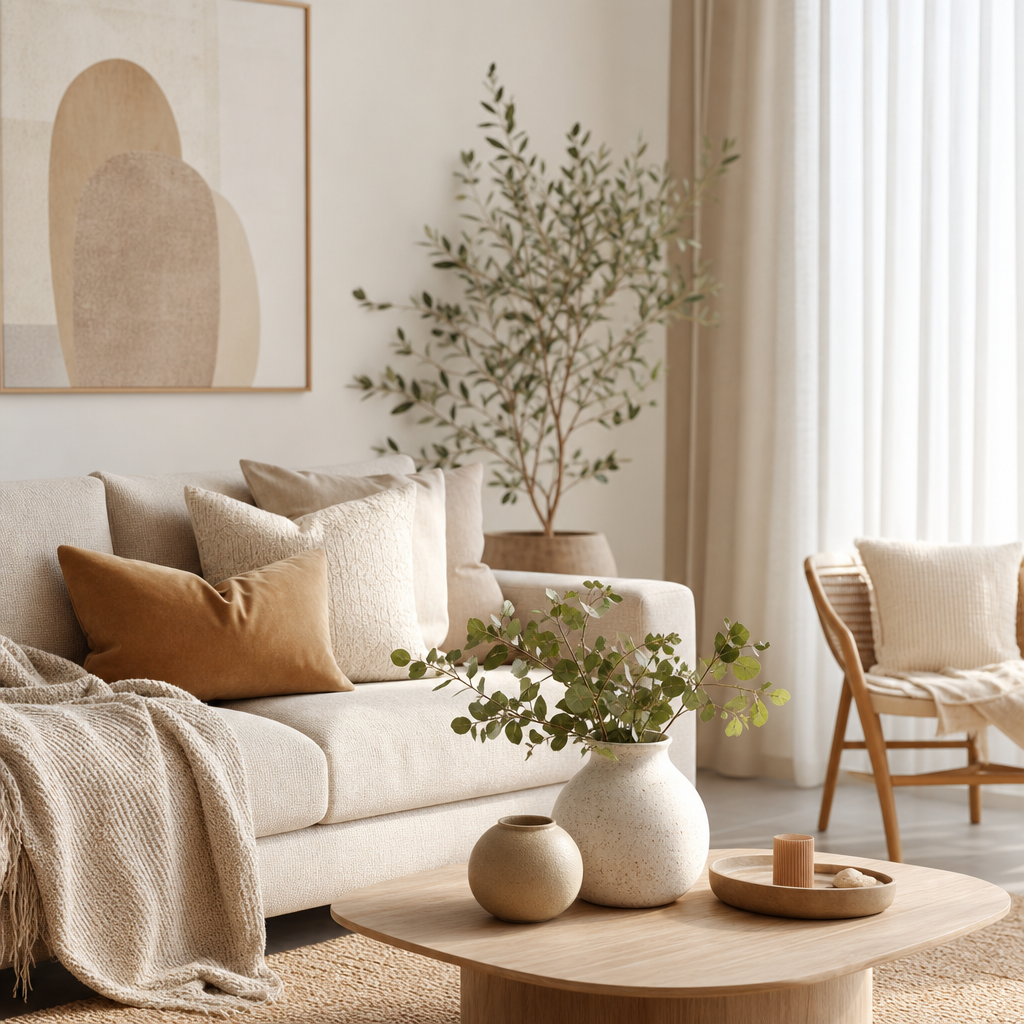 Warm neutral living room with textured pillows, ceramic vases, and soft daylight