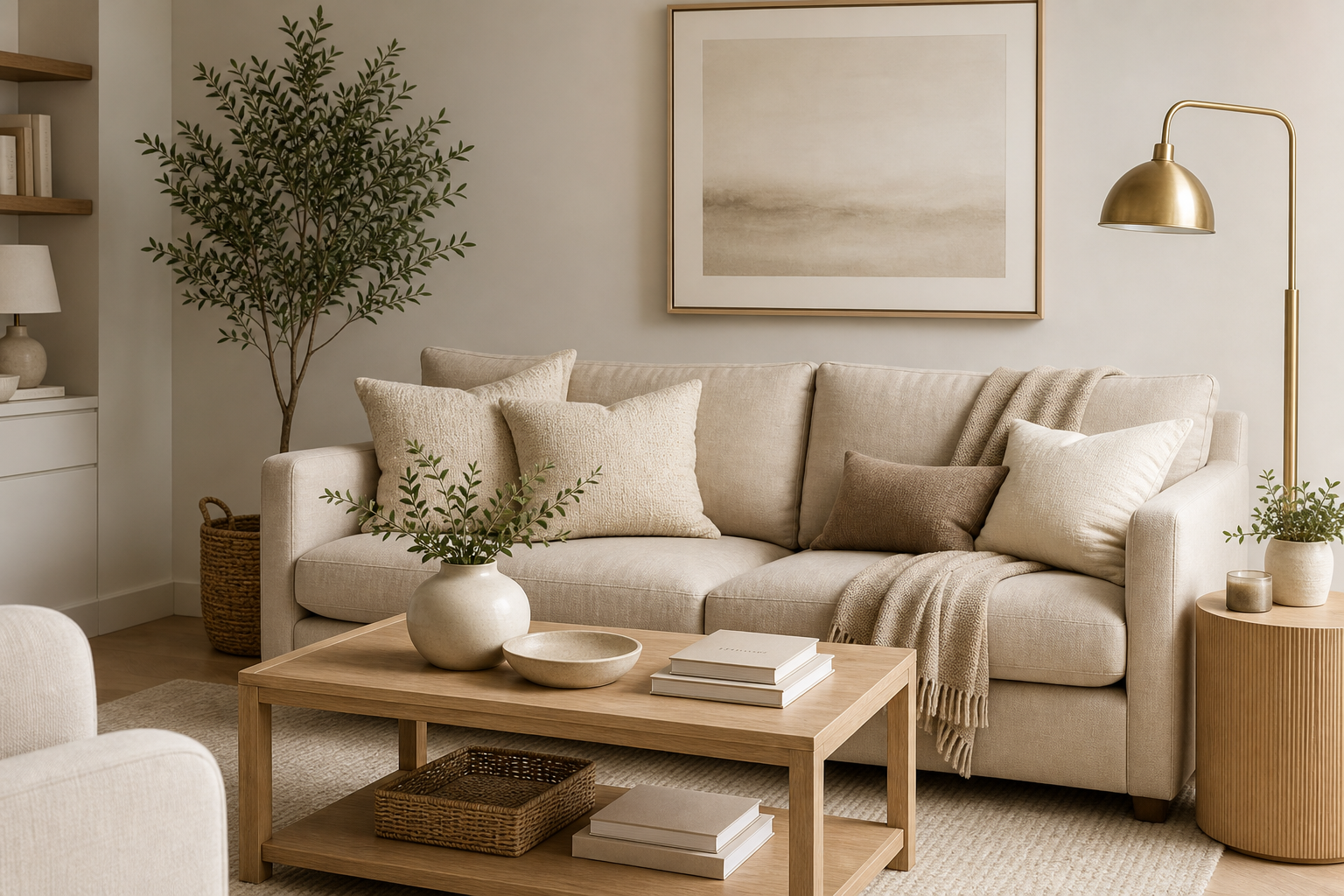 Neutral-toned living room with a soft beige sofa, layered textiles, and a brass floor lamp