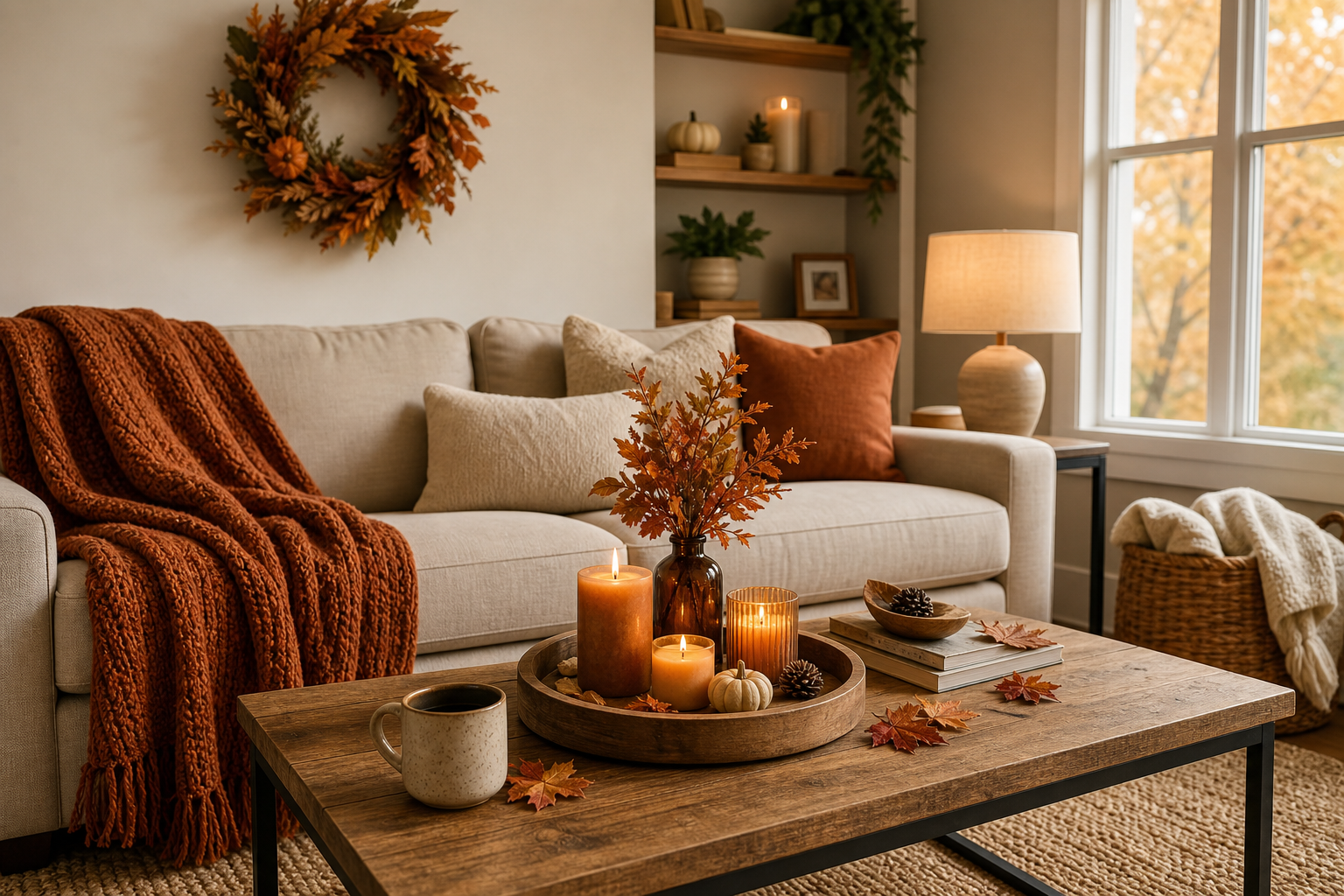 Cozy living room with a rust throw blanket, warm candles, and a fall wreath on the wall