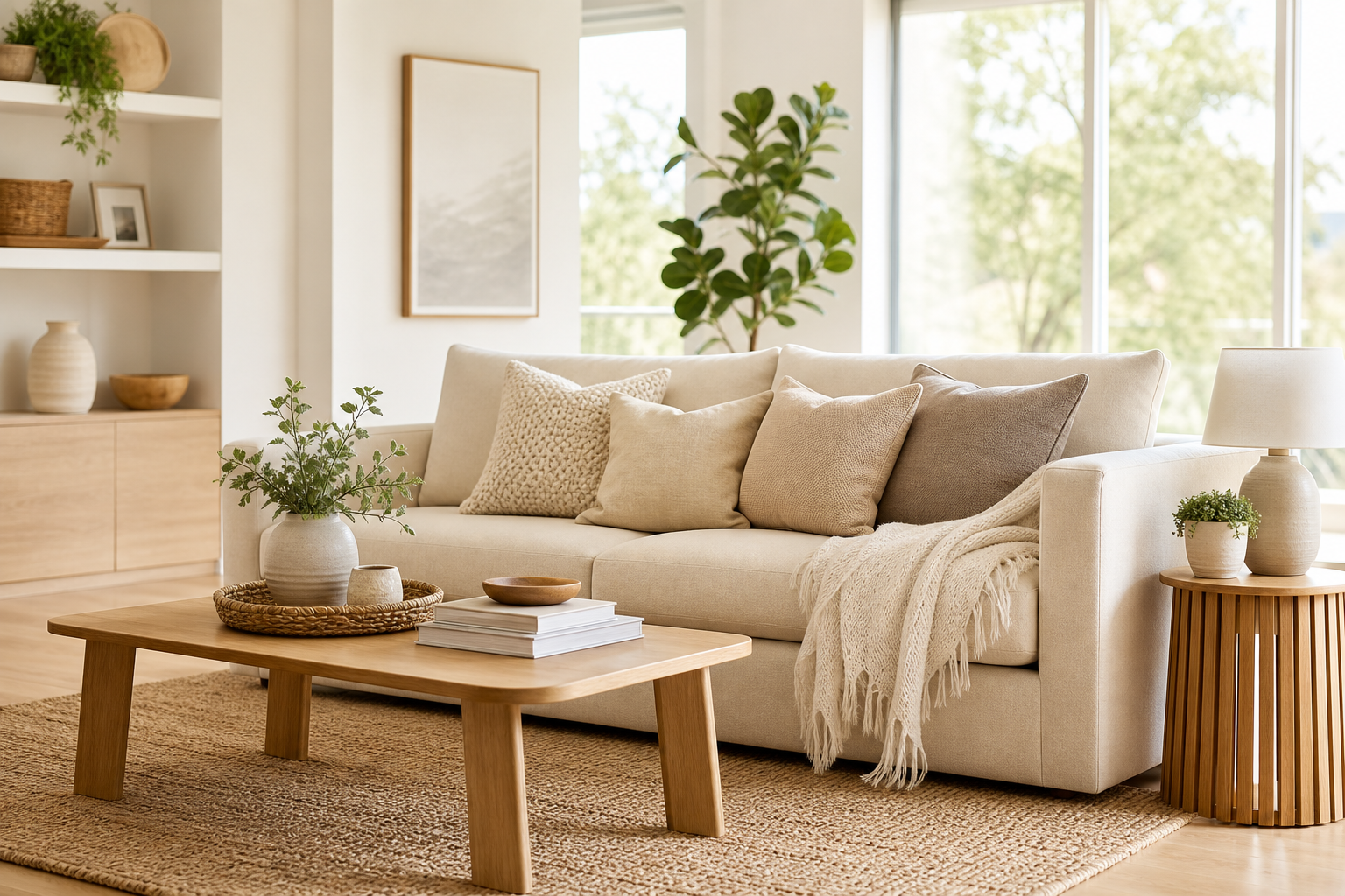 Bright modern living room with a neutral sofa, layered pillows, a light oak coffee table, and soft daylight streaming through large windows